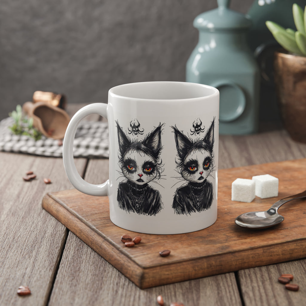 Gothic Cat Mug — Dark Witchy Kitty Illustration 11oz Ceramic
