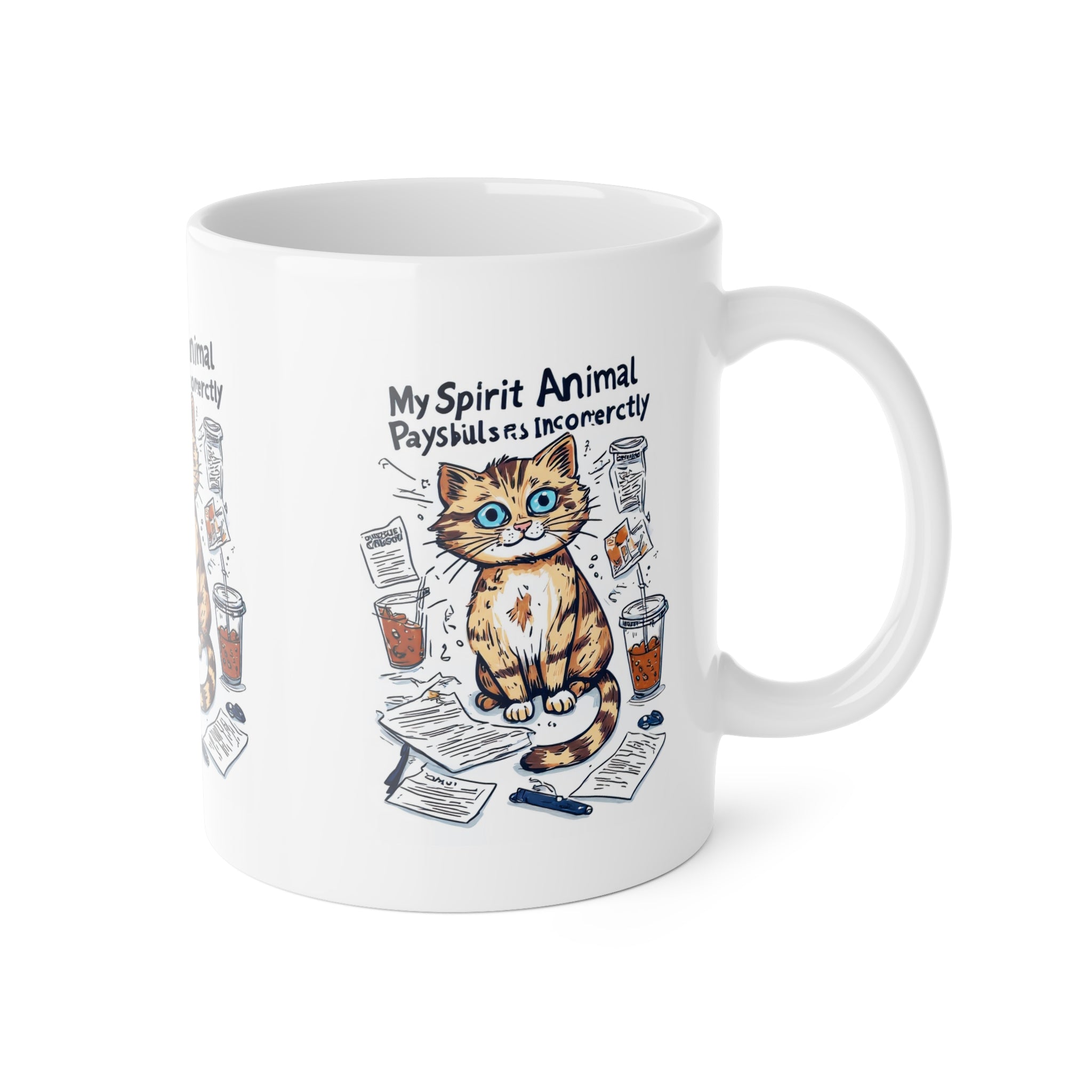 Cat Spirit Animal Mug — "My Spirit Animal Pays Bills Incorrectly" 11oz Ceramic Coffee Cup