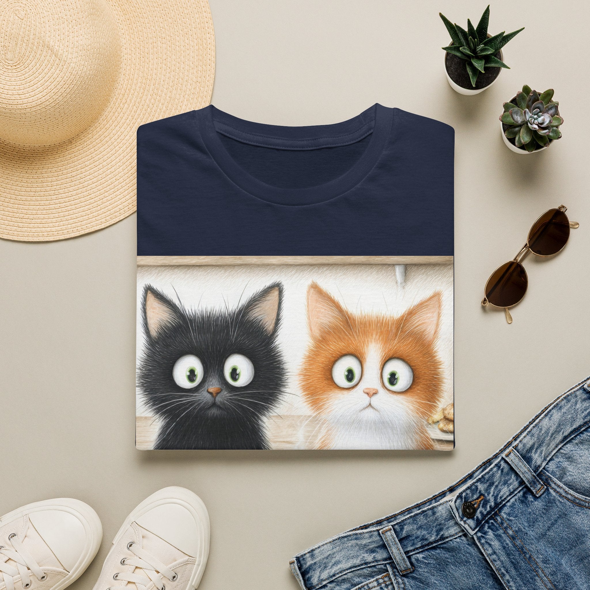 Cute Coffee Cats T‑Shirt — Wide‑Eyed Black & Ginger Kittens Graphic Tee