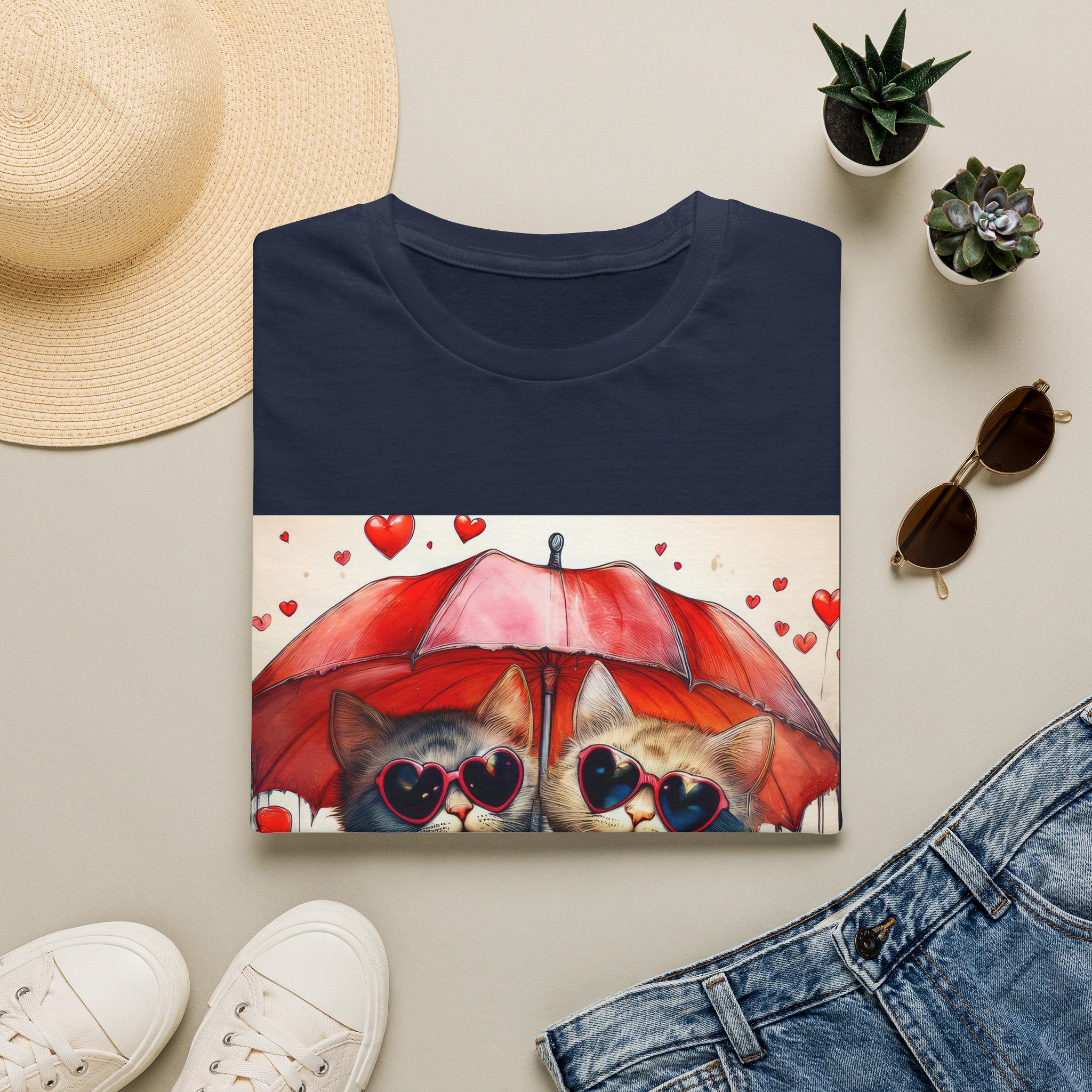 Cat Love T-Shirt — Kittens with Heart Sunglasses Under Red Umbrella