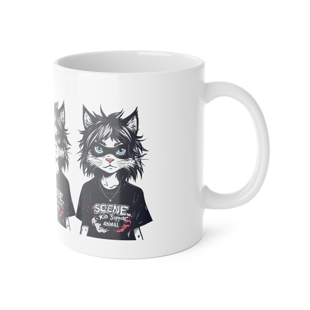 Scene Kid Cat Mug — Retro Emo Cat Illustration "Scene Kid" 11oz Ceramic Coffee Cup