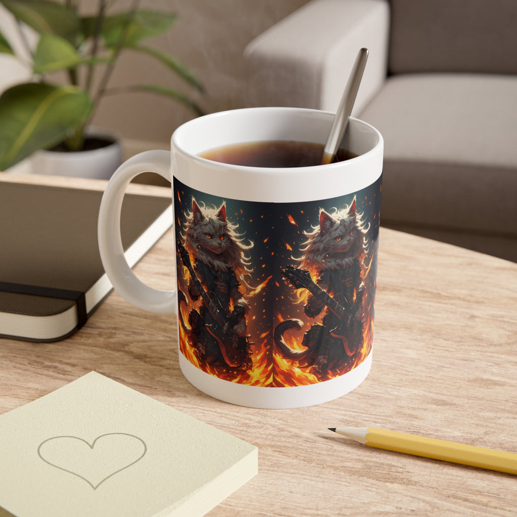 Flame Guardian Cat Mug — Fiery Fantasy 11oz Ceramic Coffee Cup