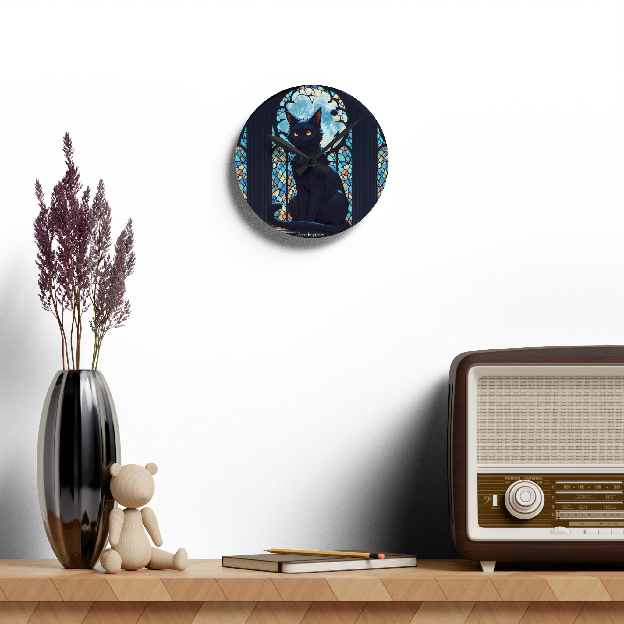 Moonlit Mystic Cat Wall Clock – Gothic Stained Glass Black Cat Decor