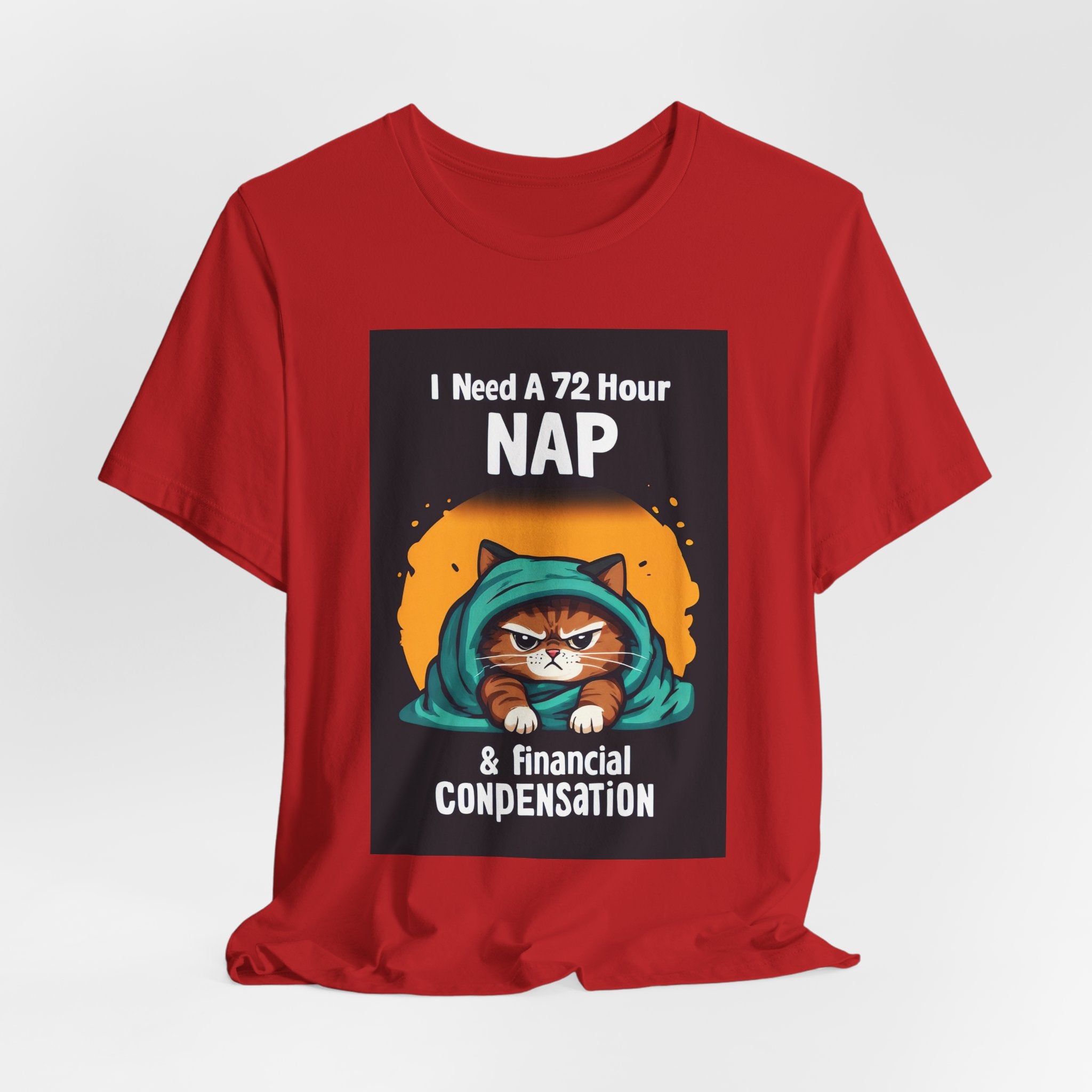 Nap & Financial Compensation T-Shirt — Funny Cat 72-Hour Nap Tee
