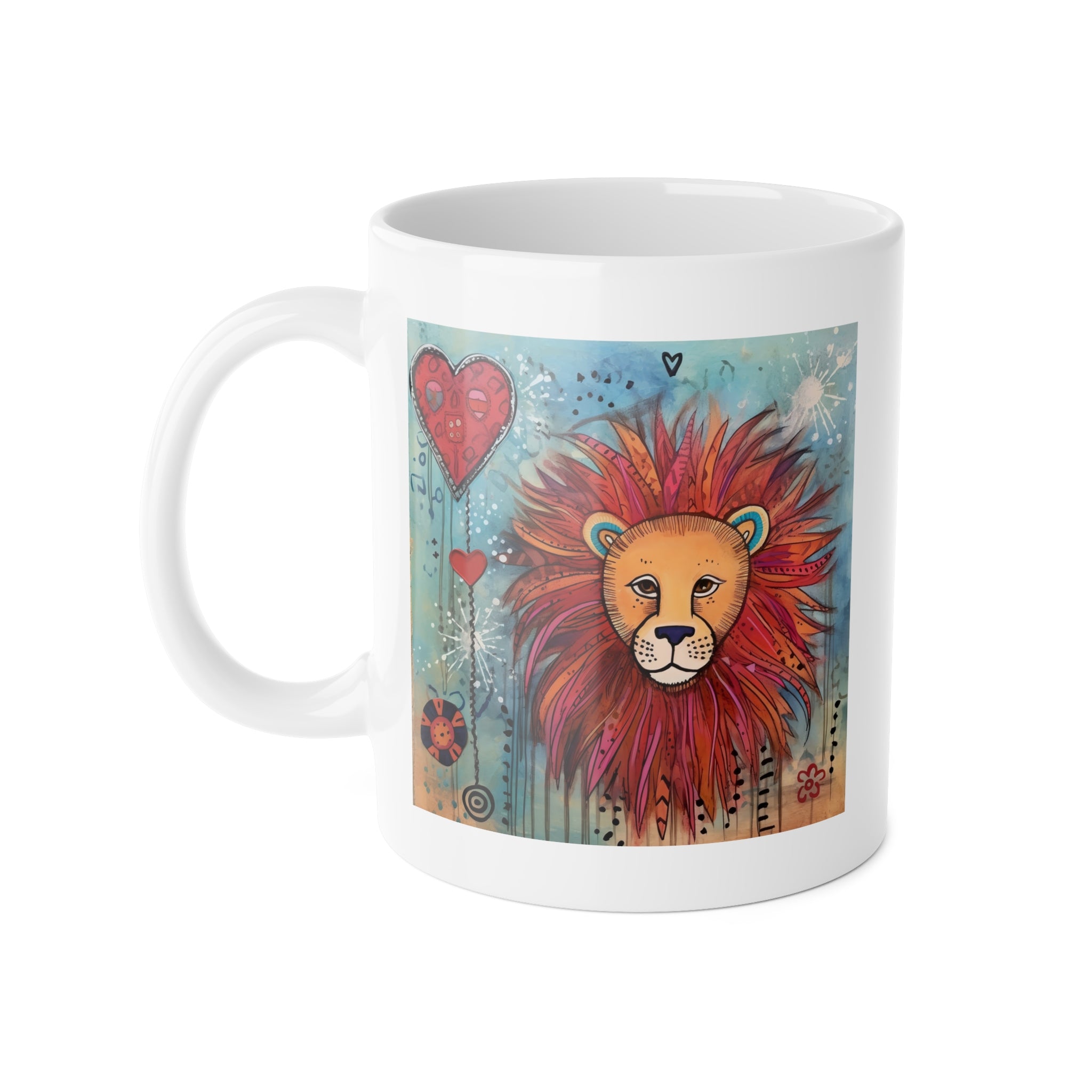 Lion Heart Ceramic Mug — Colorful Whimsical Lion Art, 11oz