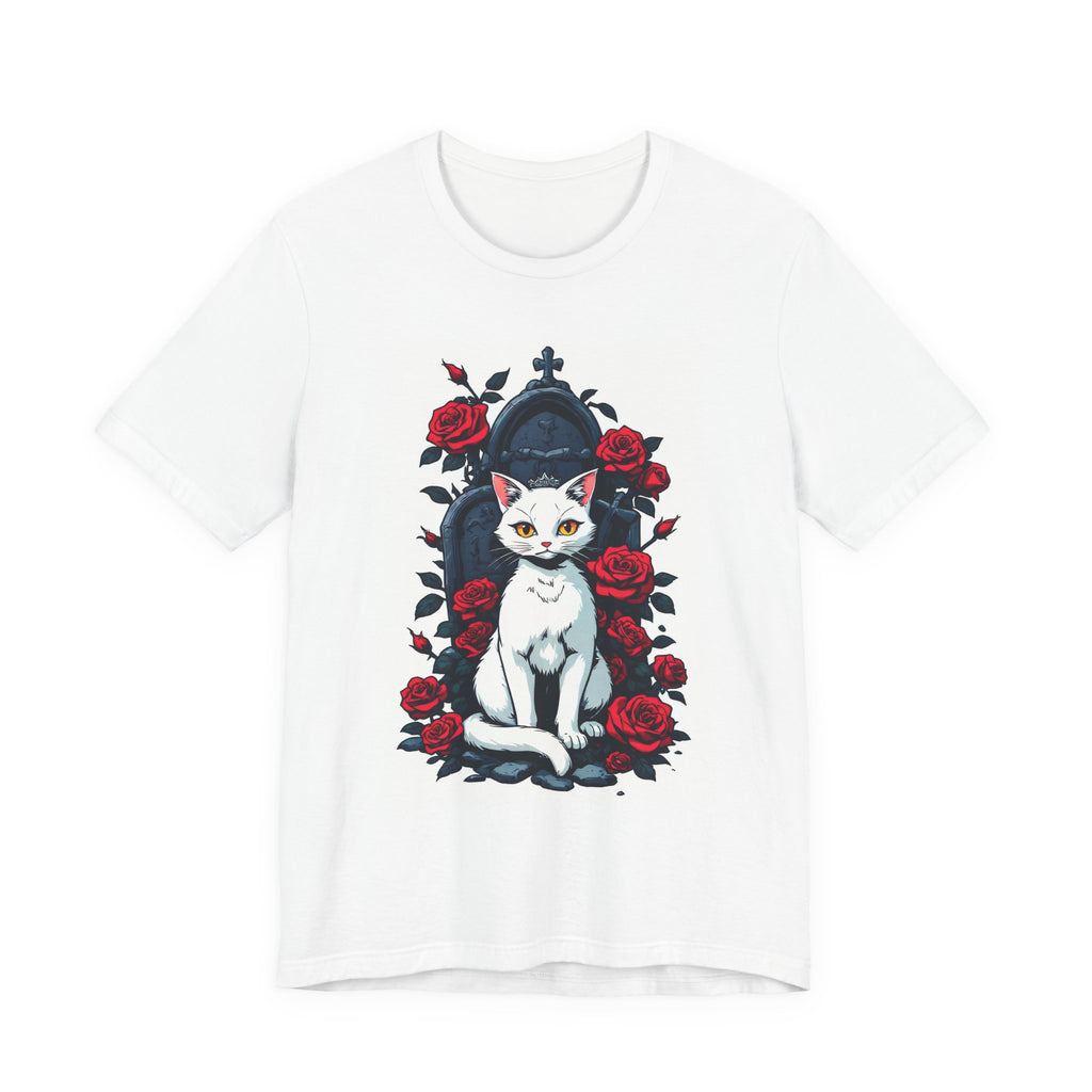 Cat on Throne T‑Shirt — White Cat with Roses Graphic Tee