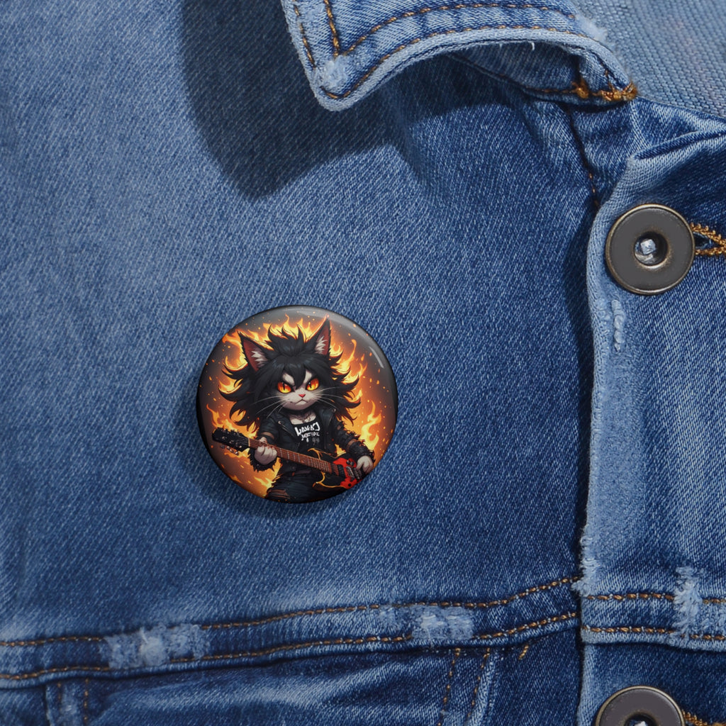 Rock Cat Guitar Pin Button — Flame-Lit Cute Punk Enamel-Style Badge