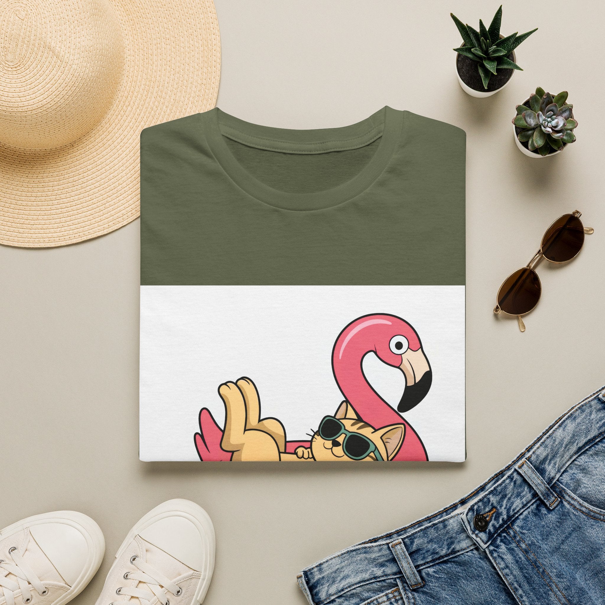 Cat on Flamingo Float T-Shirt — Cute Summer Pool Cat Graphic Tee