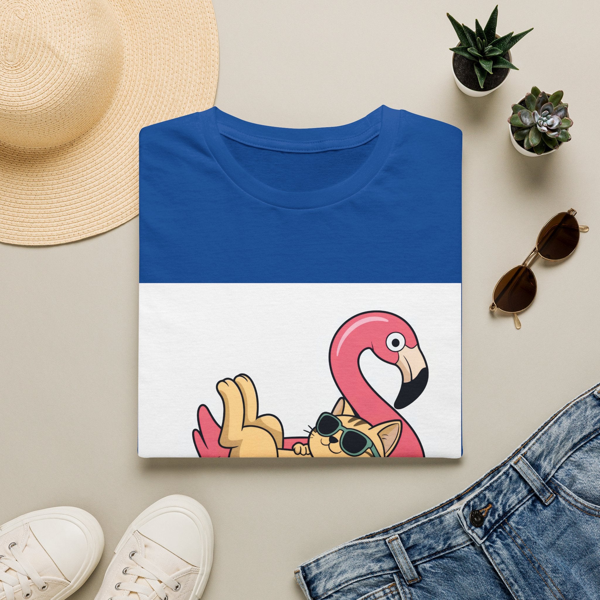 Cat on Flamingo Float T-Shirt — Cute Summer Pool Cat Graphic Tee