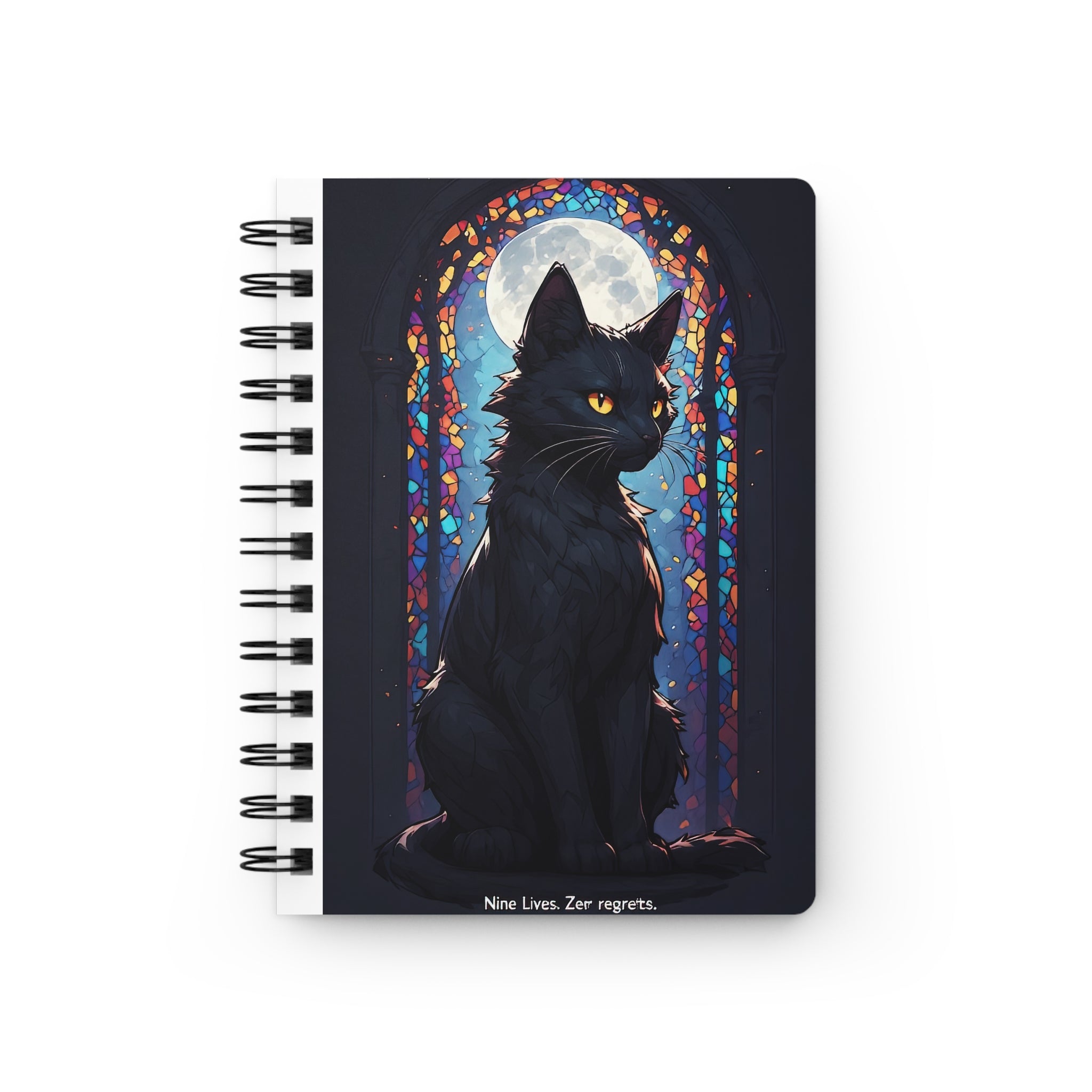 Black Cat Gothic Spiral Journal — 'Nine Lives. Zero Regrets.' Stained Glass Moonlit Notebook