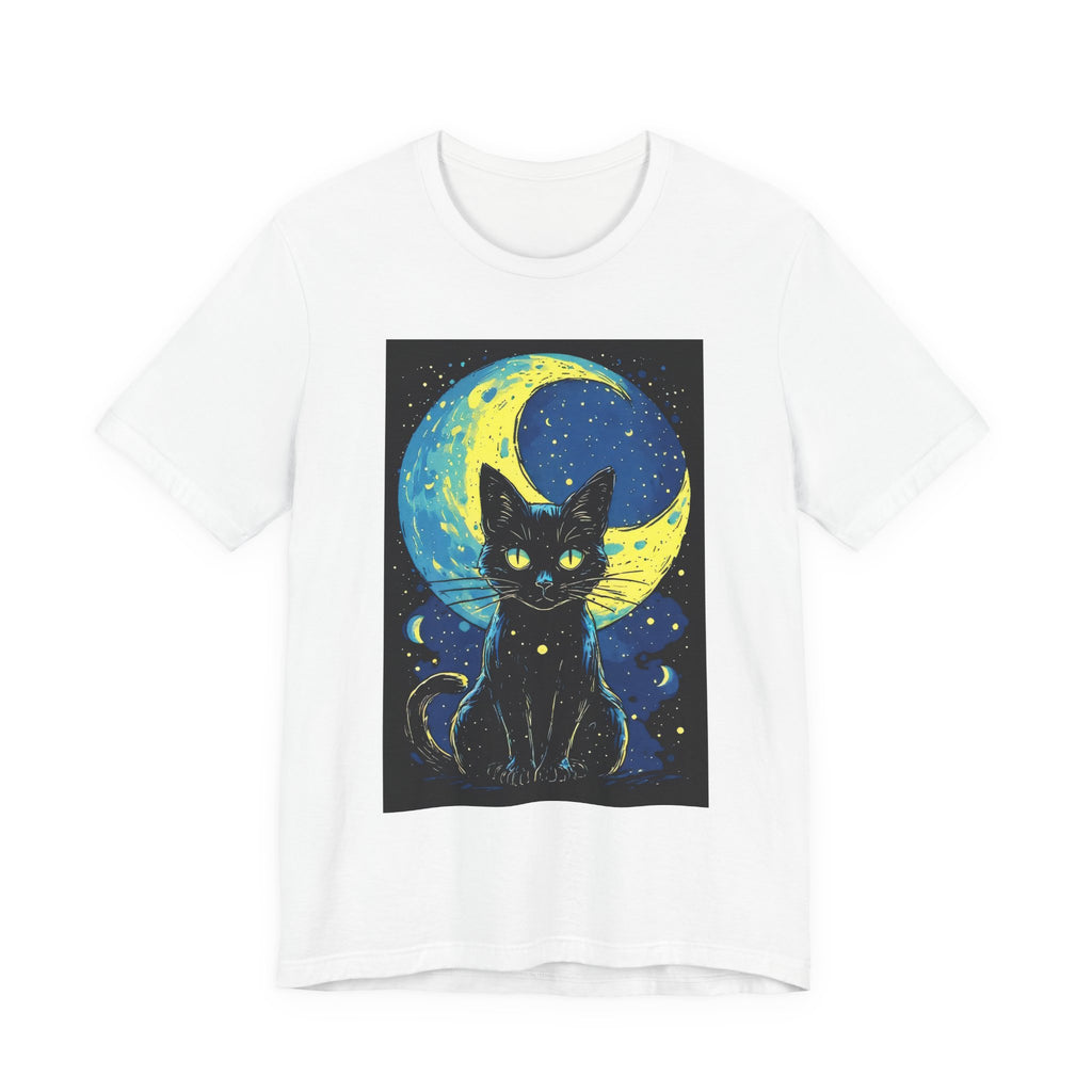 Cat Moon T-Shirt — Black Cat Illustration Tee with Crescent Moon Night Sky