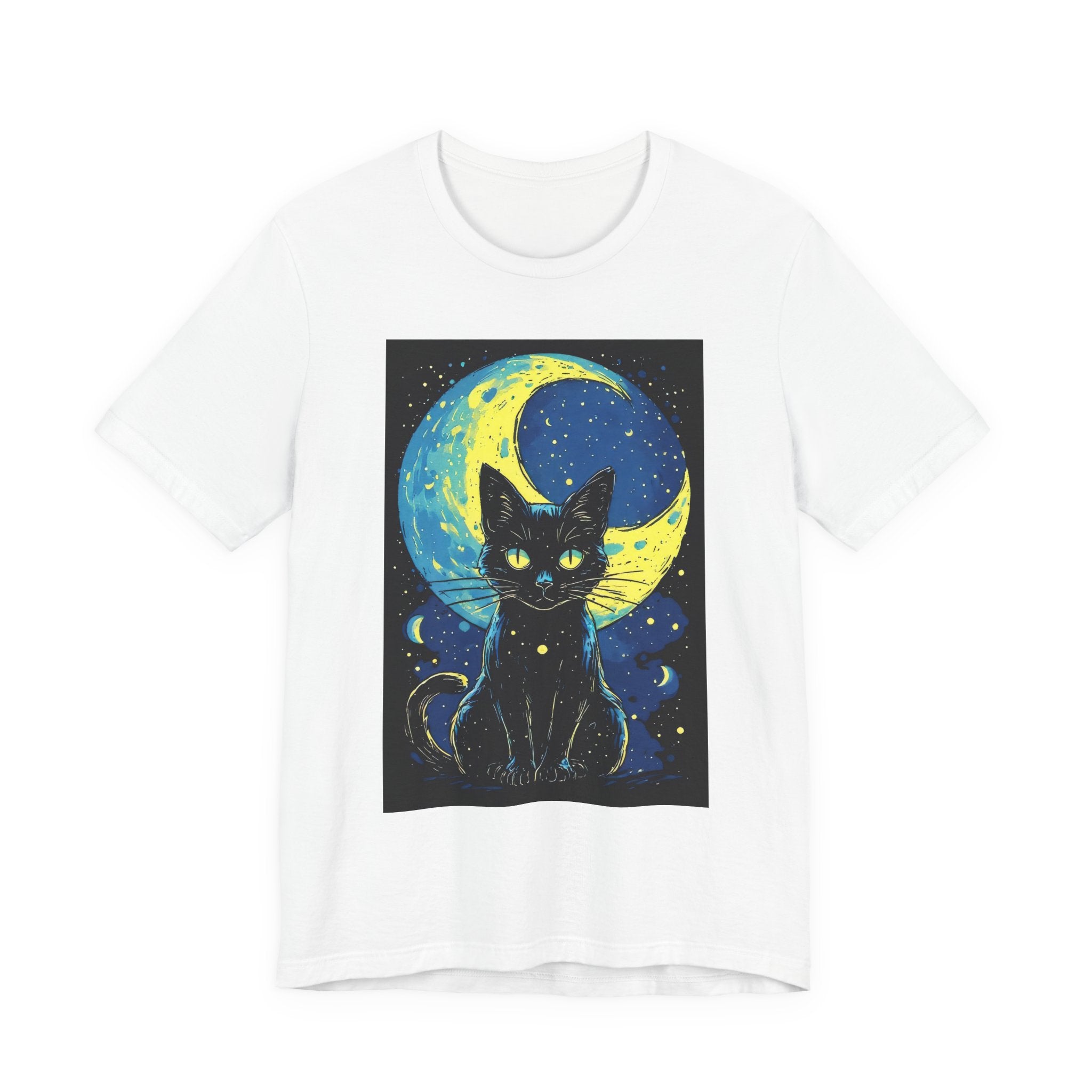 Cat Moon T-Shirt — Black Cat Illustration Tee with Crescent Moon Night Sky