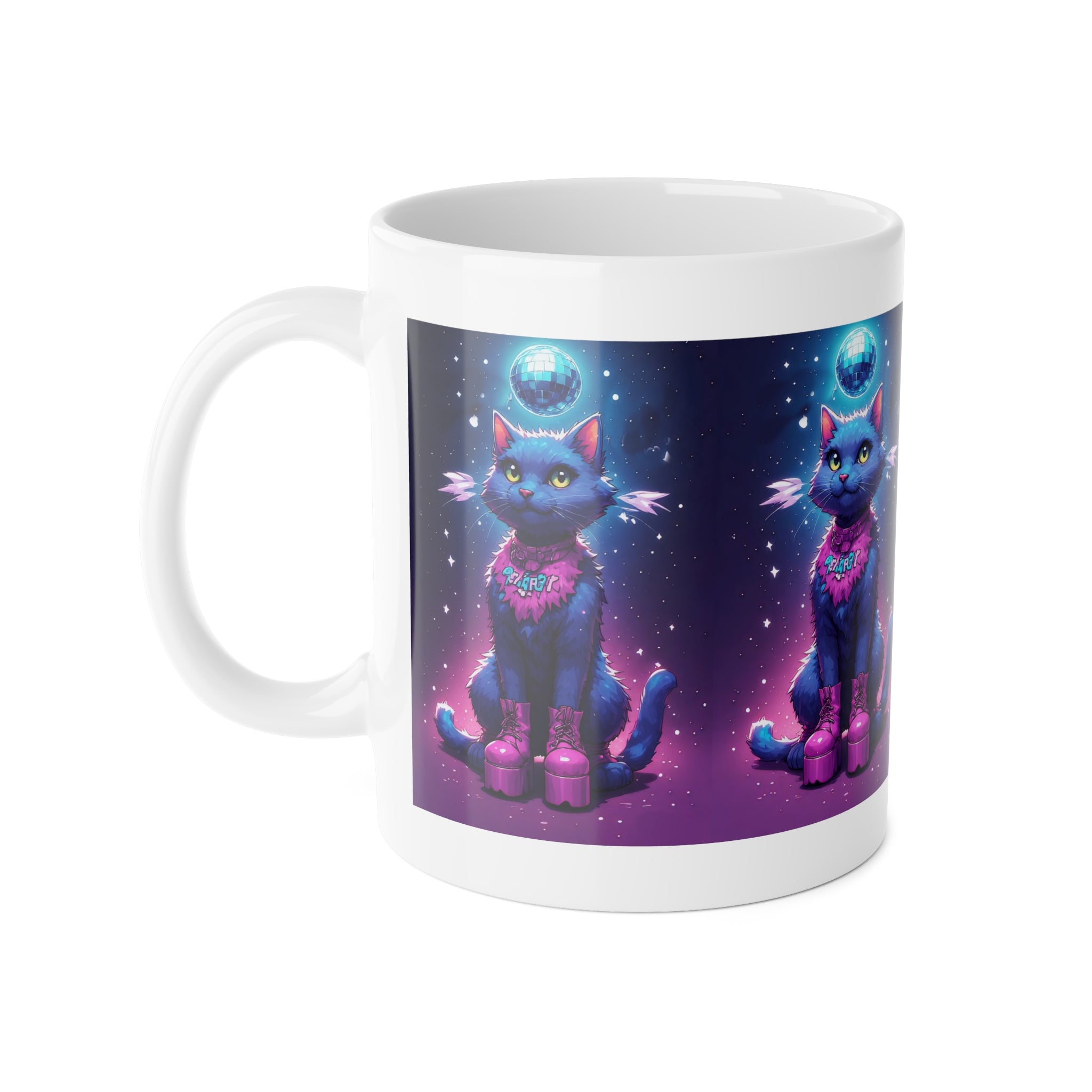 Cosmic Cat Ceramic Mug — 11oz Purple Space Kitty Coffee Cup