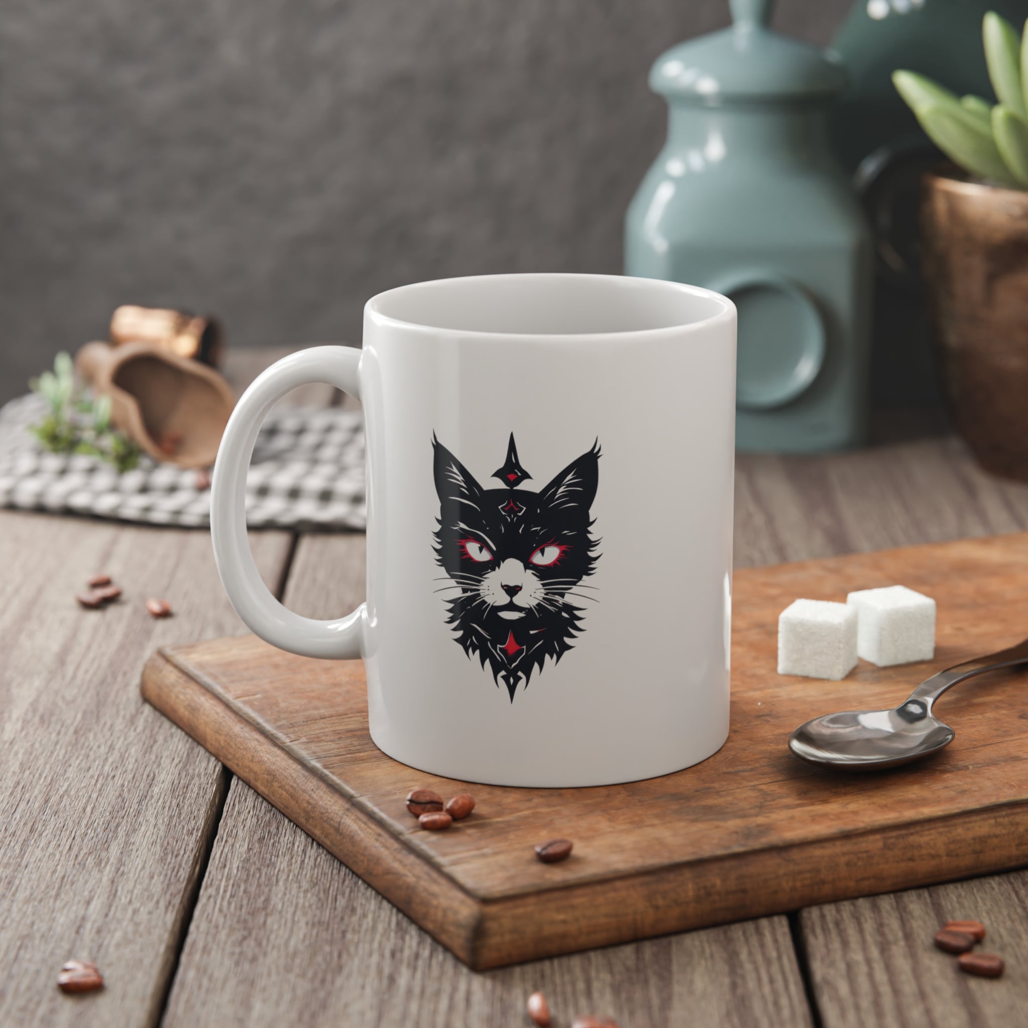 Mystic Black Cat Ceramic Mug — Gothic Cat Head Design, 11oz