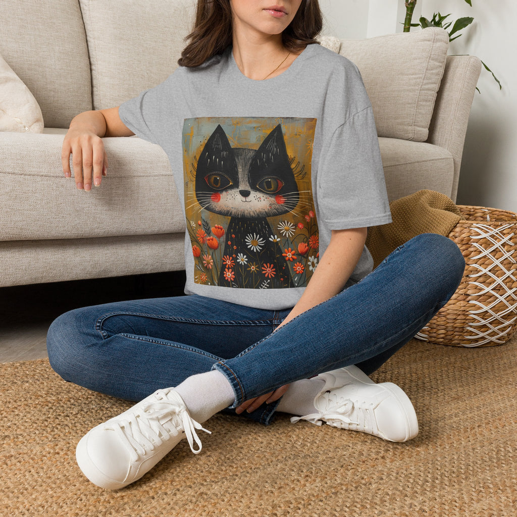 Whimsical Black & White Cat Tee — Cute Floral Portrait T-Shirt
