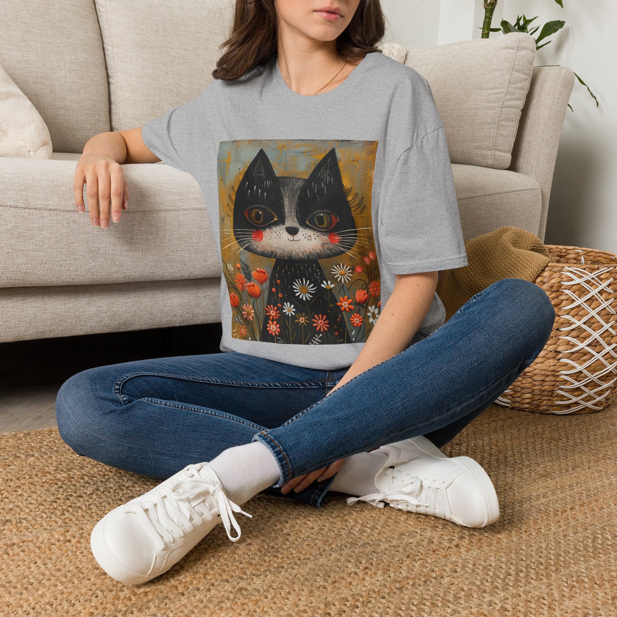 Whimsical Black & White Cat Tee — Cute Floral Portrait T-Shirt