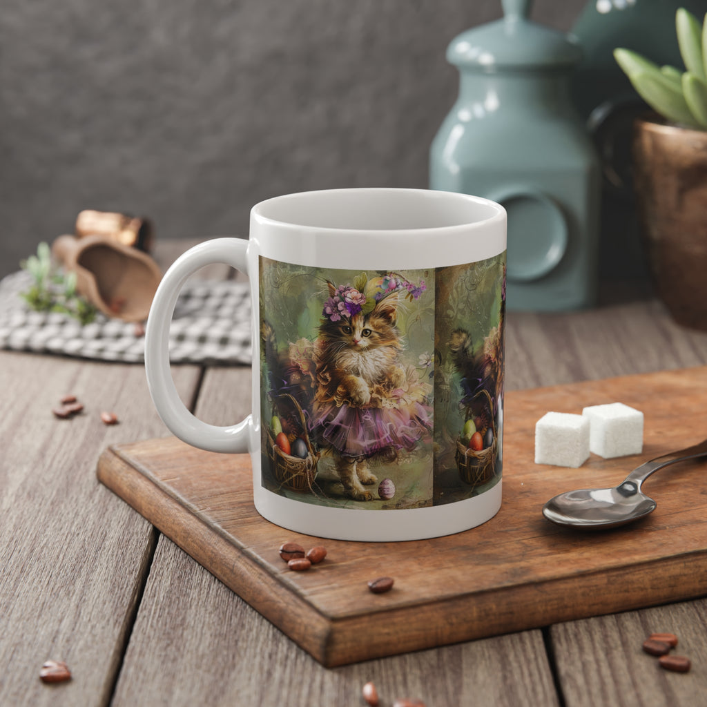 Easter Kitten Ceramic Mug — Vintage Floral Cat in Tutu 11oz