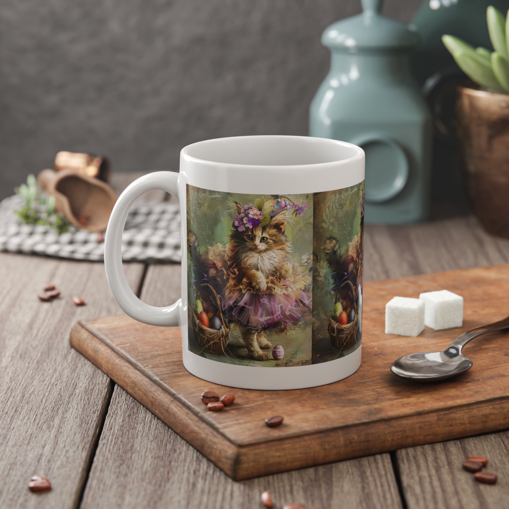 Easter Kitten Ceramic Mug — Vintage Floral Cat in Tutu 11oz