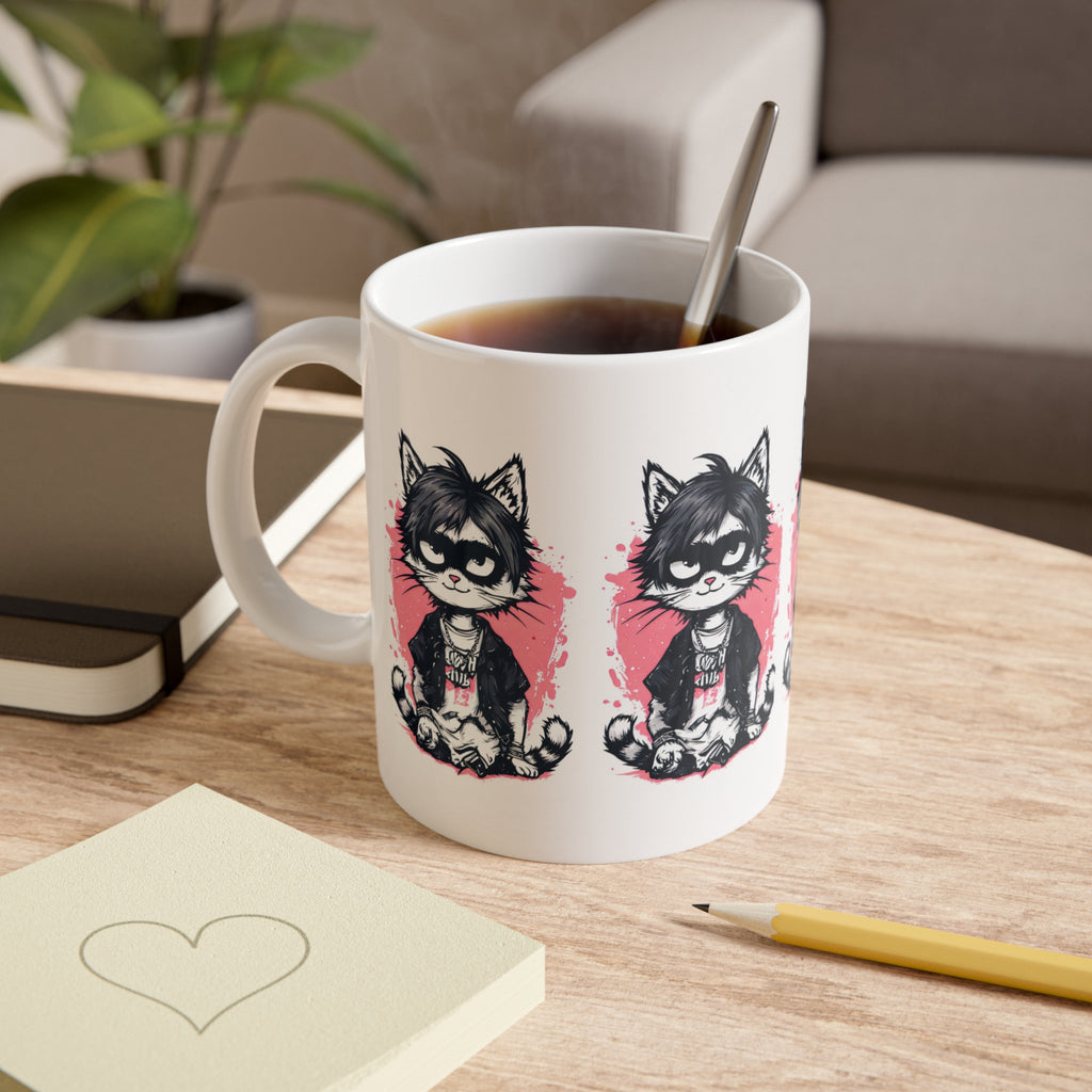 Emo Cat Ceramic Mug — Cute Grunge Cat Illustration, 11oz