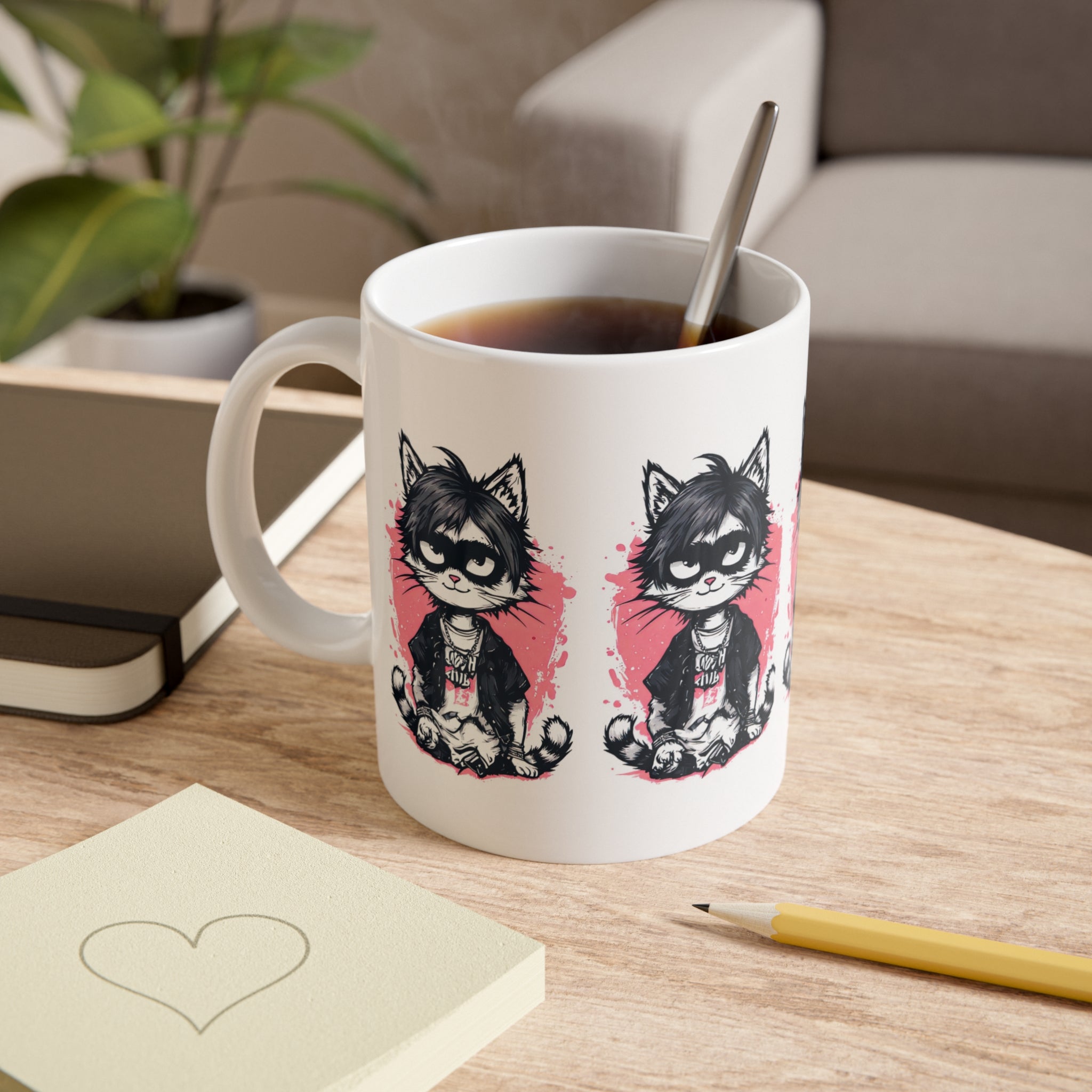 Emo Cat Ceramic Mug — Cute Grunge Cat Illustration, 11oz