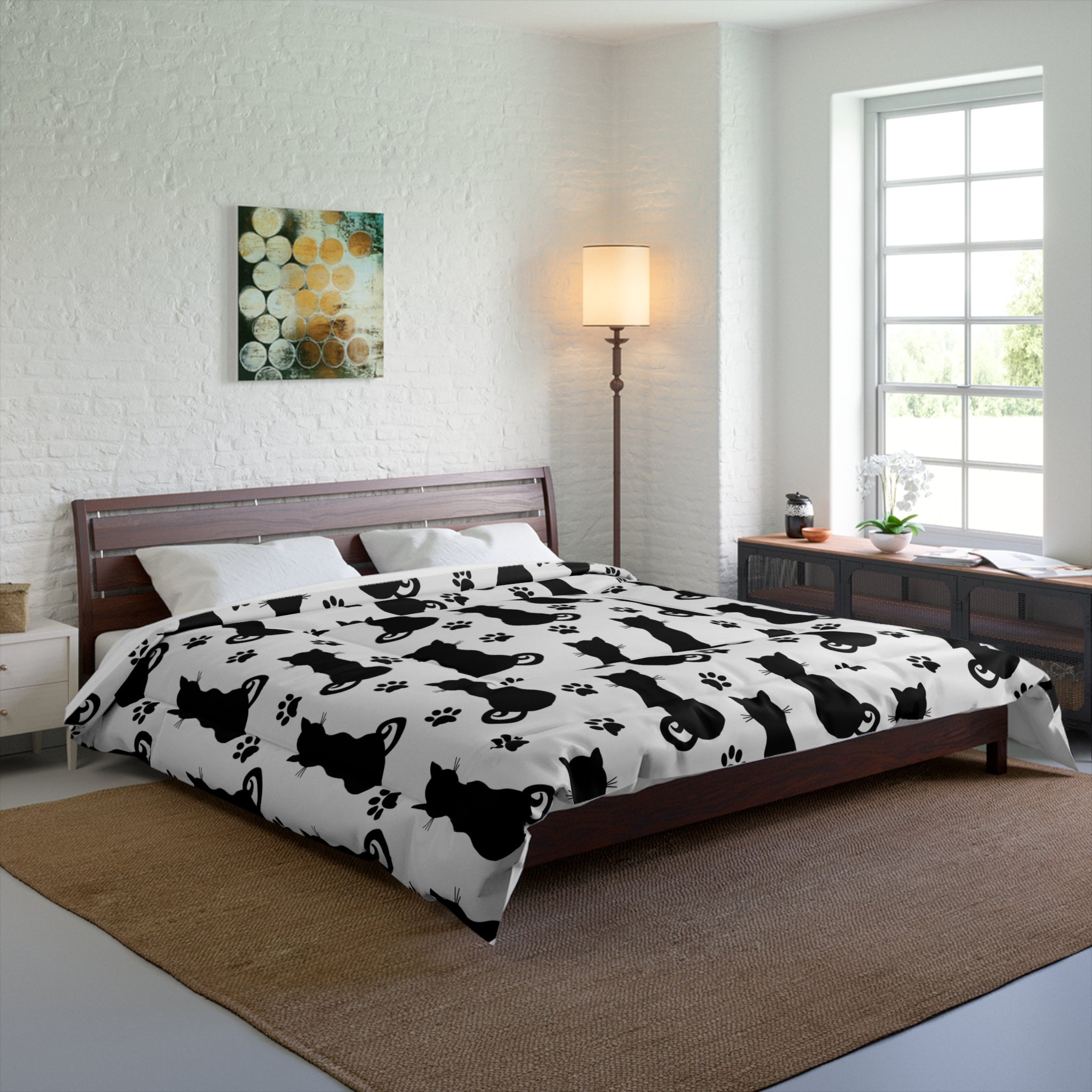 Black Cat Paw Print Comforter — Cute Cat Pattern Bedding for Cat Lovers
