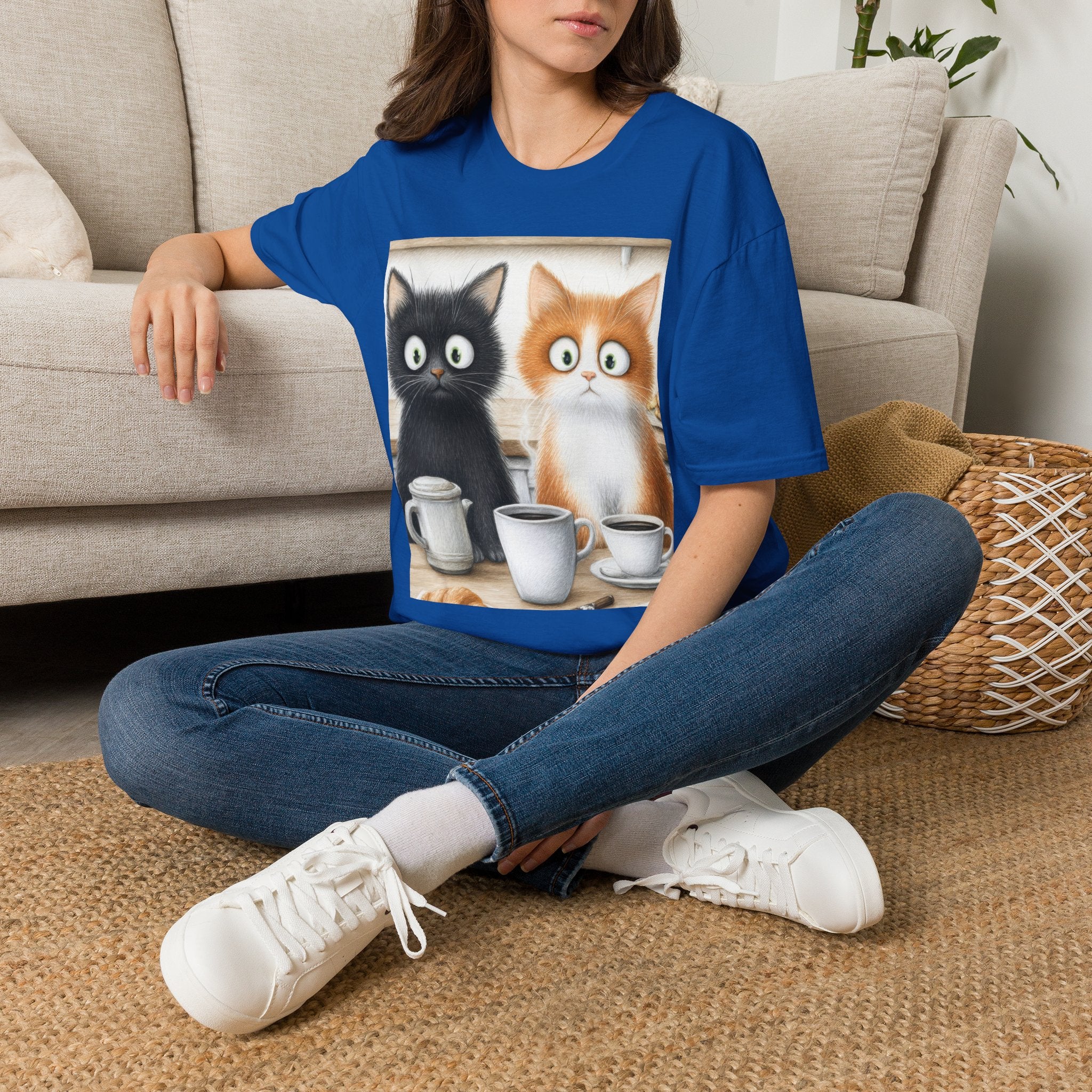 Cute Coffee Cats T‑Shirt — Wide‑Eyed Black & Ginger Kittens Graphic Tee