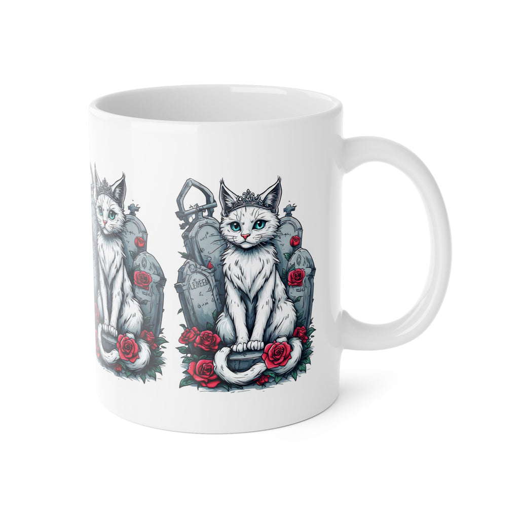 Gothic Cat & Graveyard Ceramic Mug — White Cat with Tombstones & Red Roses, 11oz