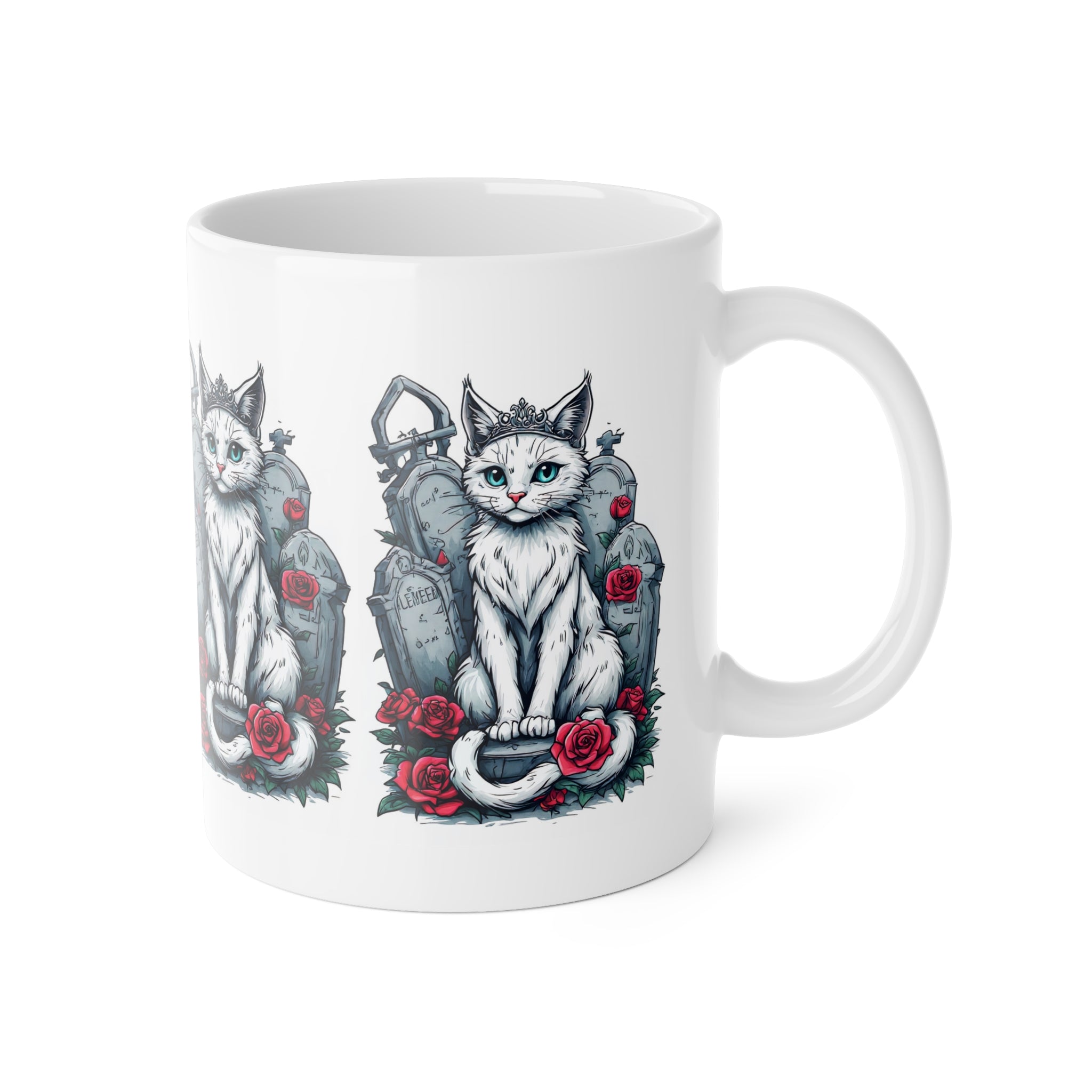 Gothic Cat & Graveyard Ceramic Mug — White Cat with Tombstones & Red Roses, 11oz