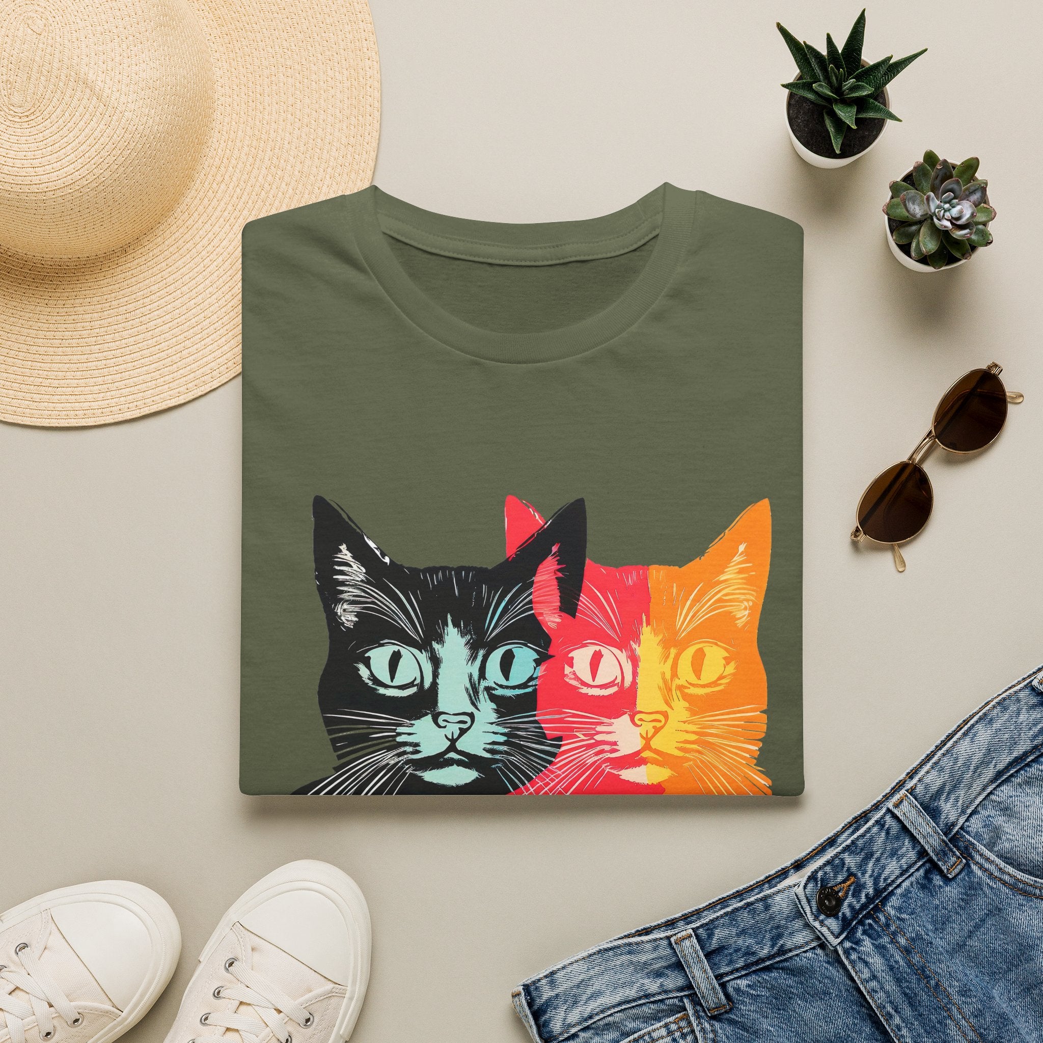 Cat Trio Pop Art T-Shirt — Colorful Retro Feline Graphic Tee