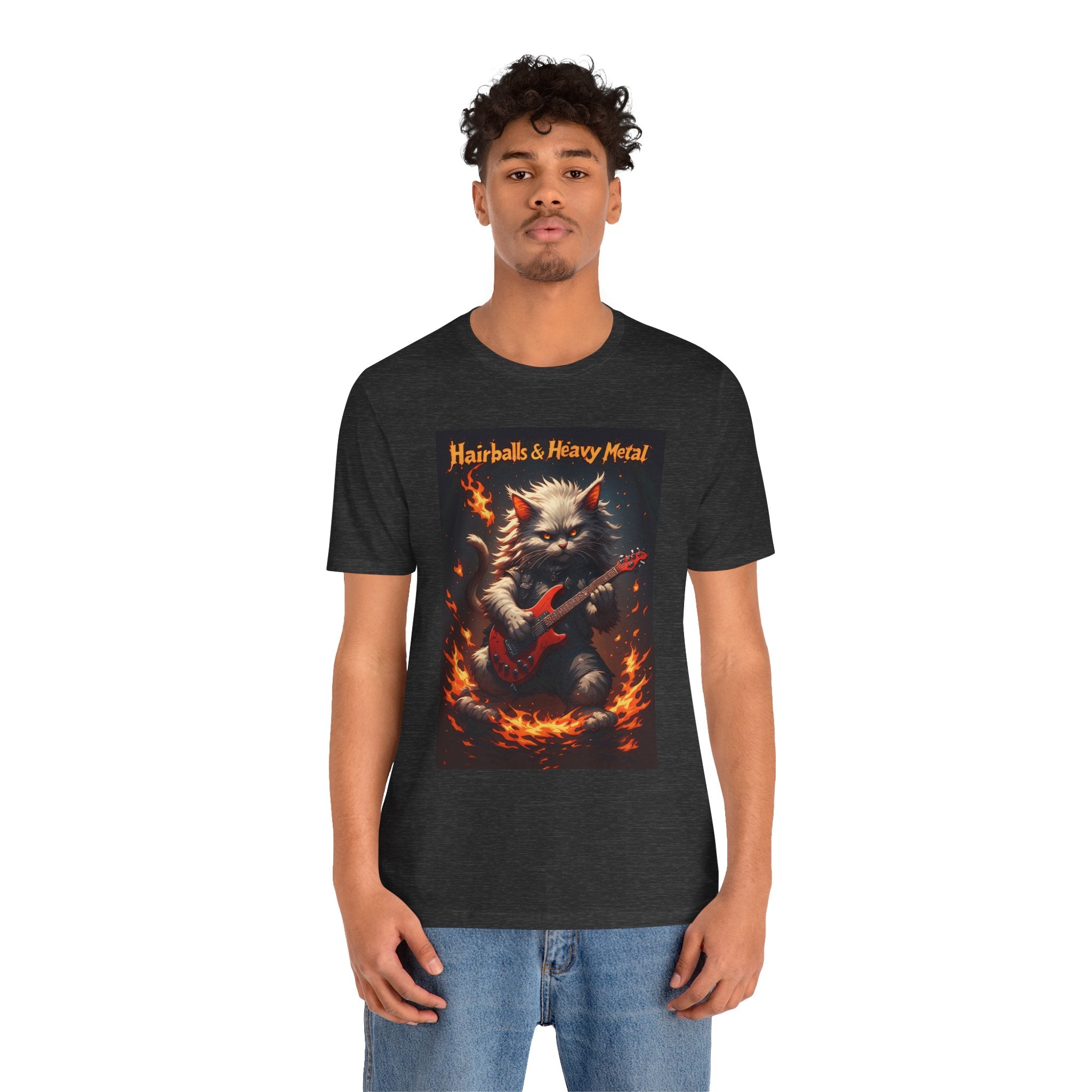Hairballs & Heavy Metal T‑Shirt — Cat Guitarist Rock Tee