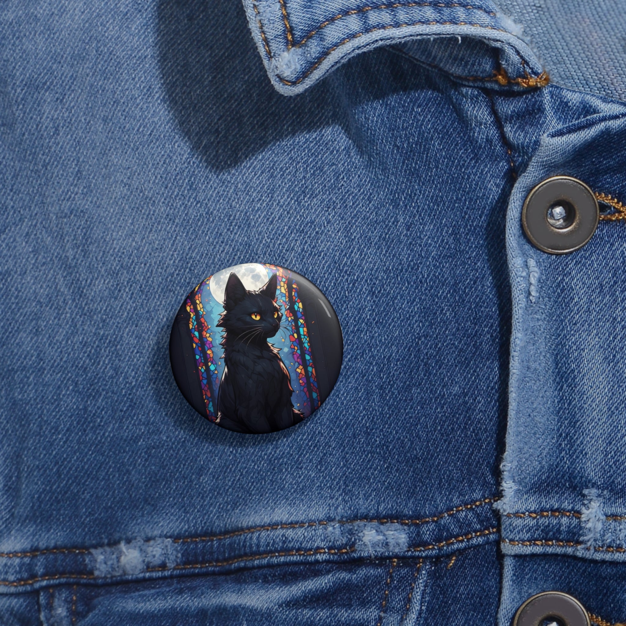Black Cat Moon Button Pin — Gothic Cat Enamel-Style Badge for Jackets & Bags