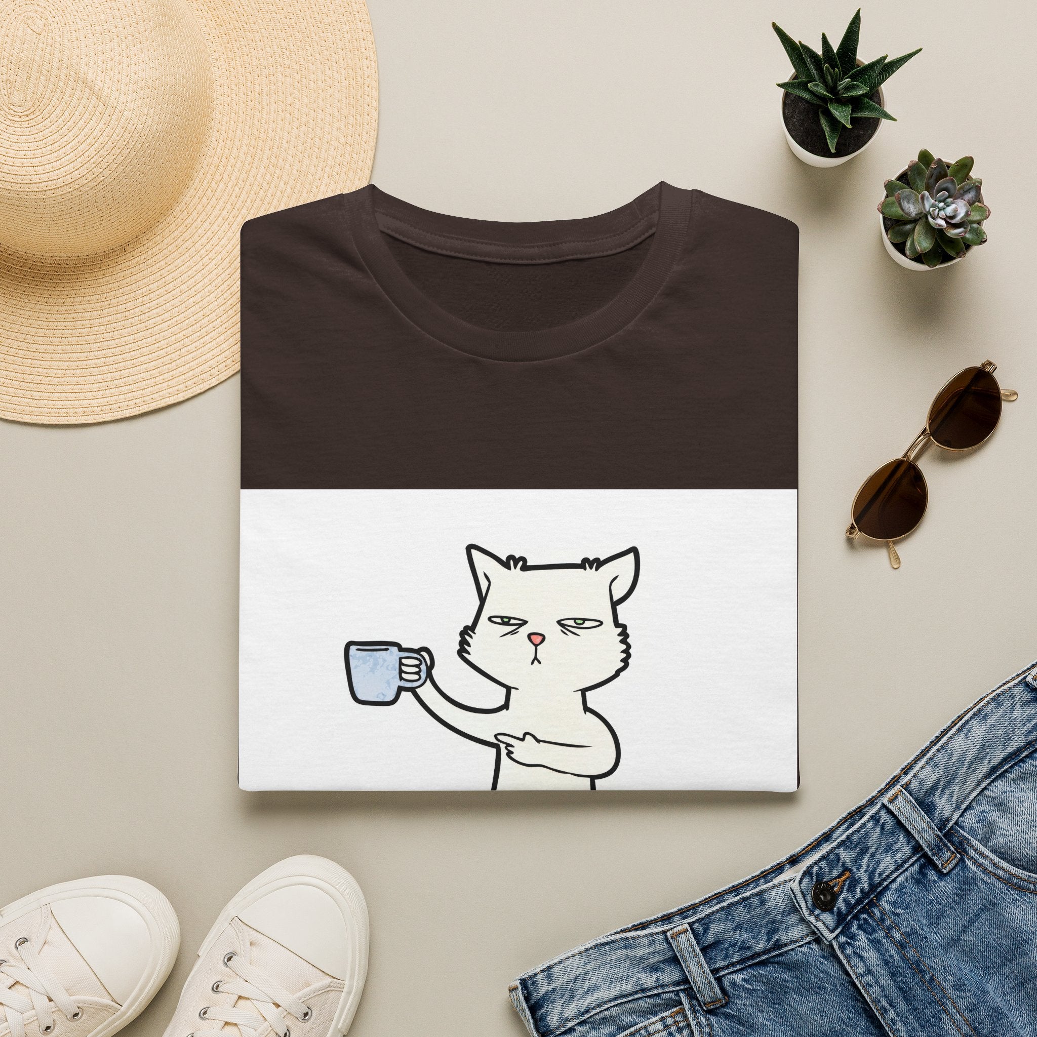 Cat with Coffee T‑Shirt — "First I Drink The Coffee, Then I Do The Things" Cute Lazy Cat Tee