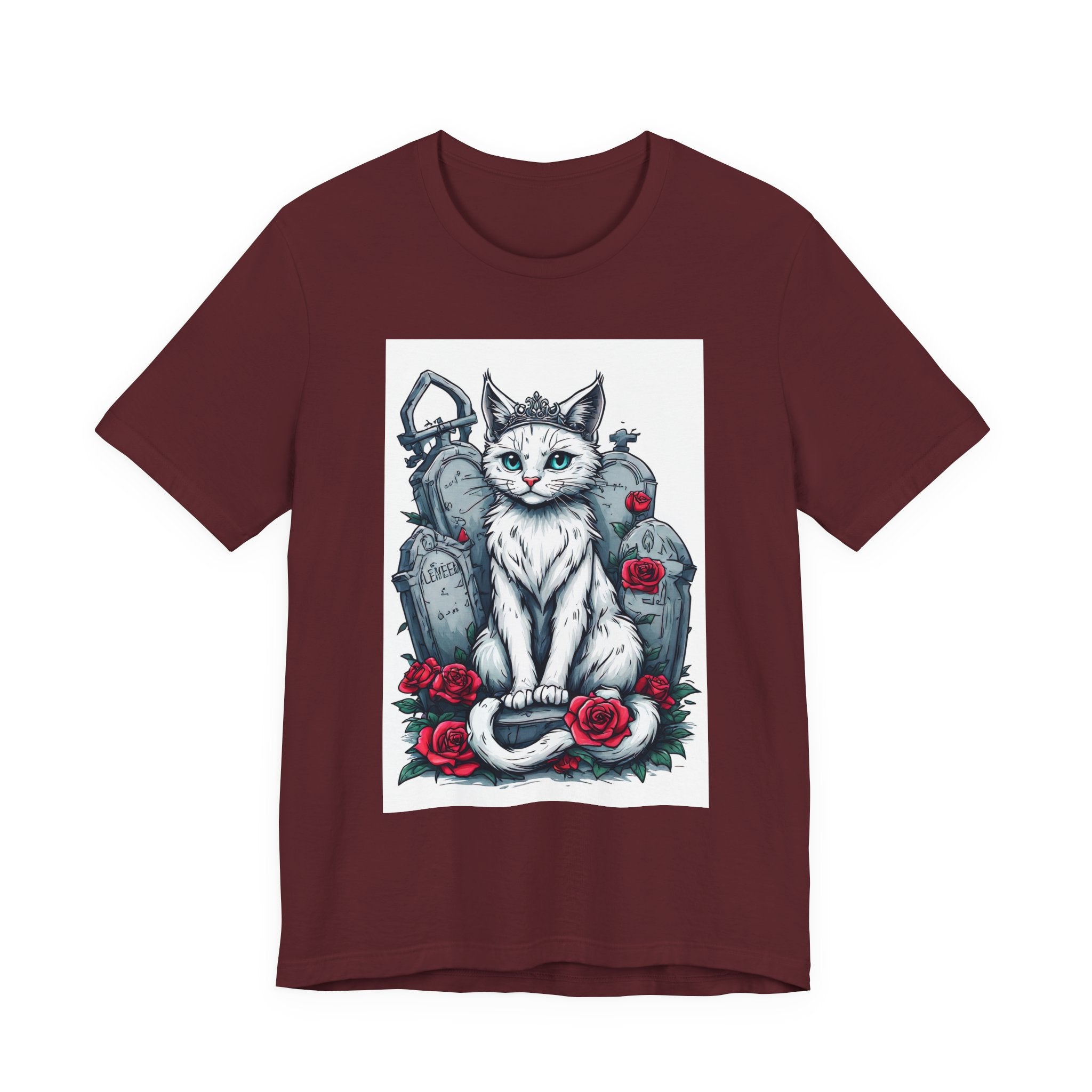 Gothic Cat Graveyard Tee – White Cat with Tombstones & Roses Graphic T-Shirt