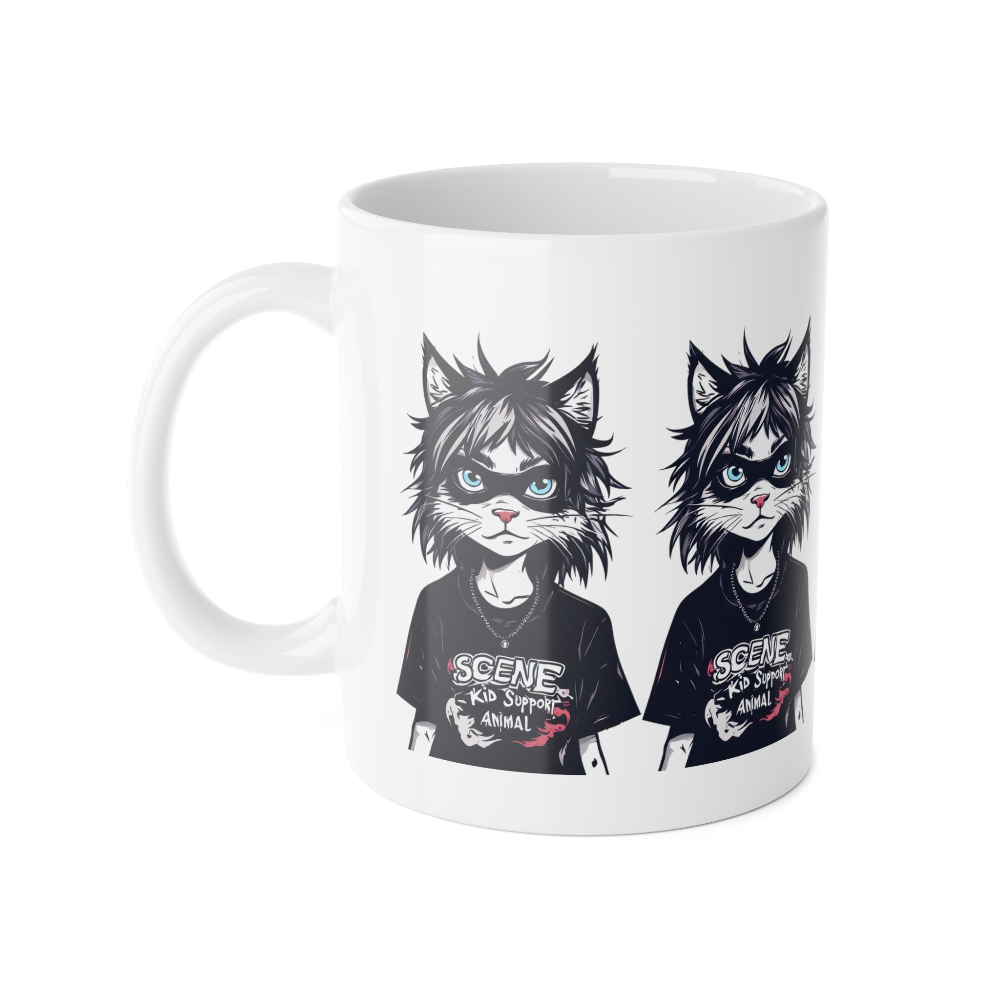 Scene Kid Cat Mug — Retro Emo Cat Illustration "Scene Kid" 11oz Ceramic Coffee Cup