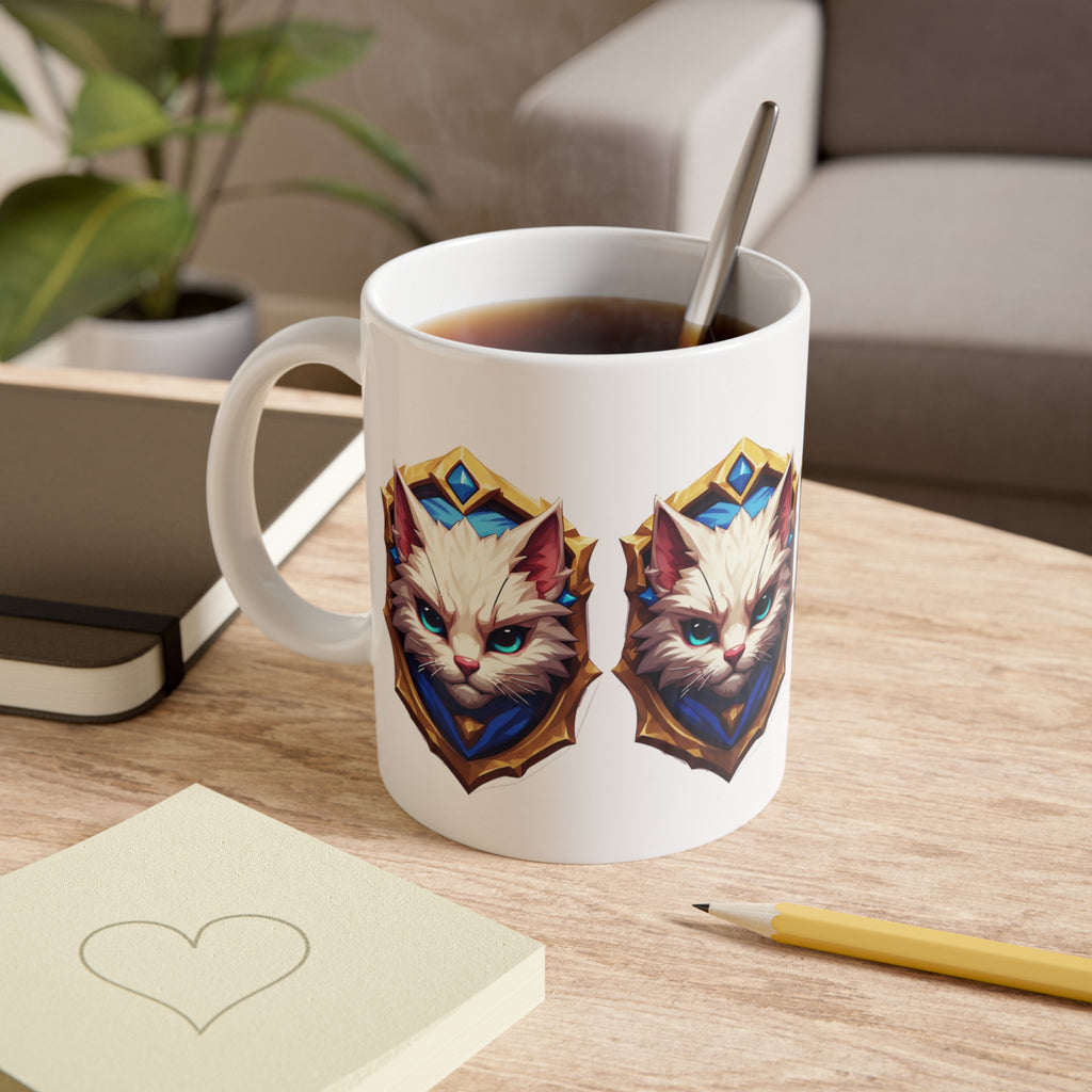 11oz Ceramic Mug — Regal White Cat Crest Coffee Tea Cup