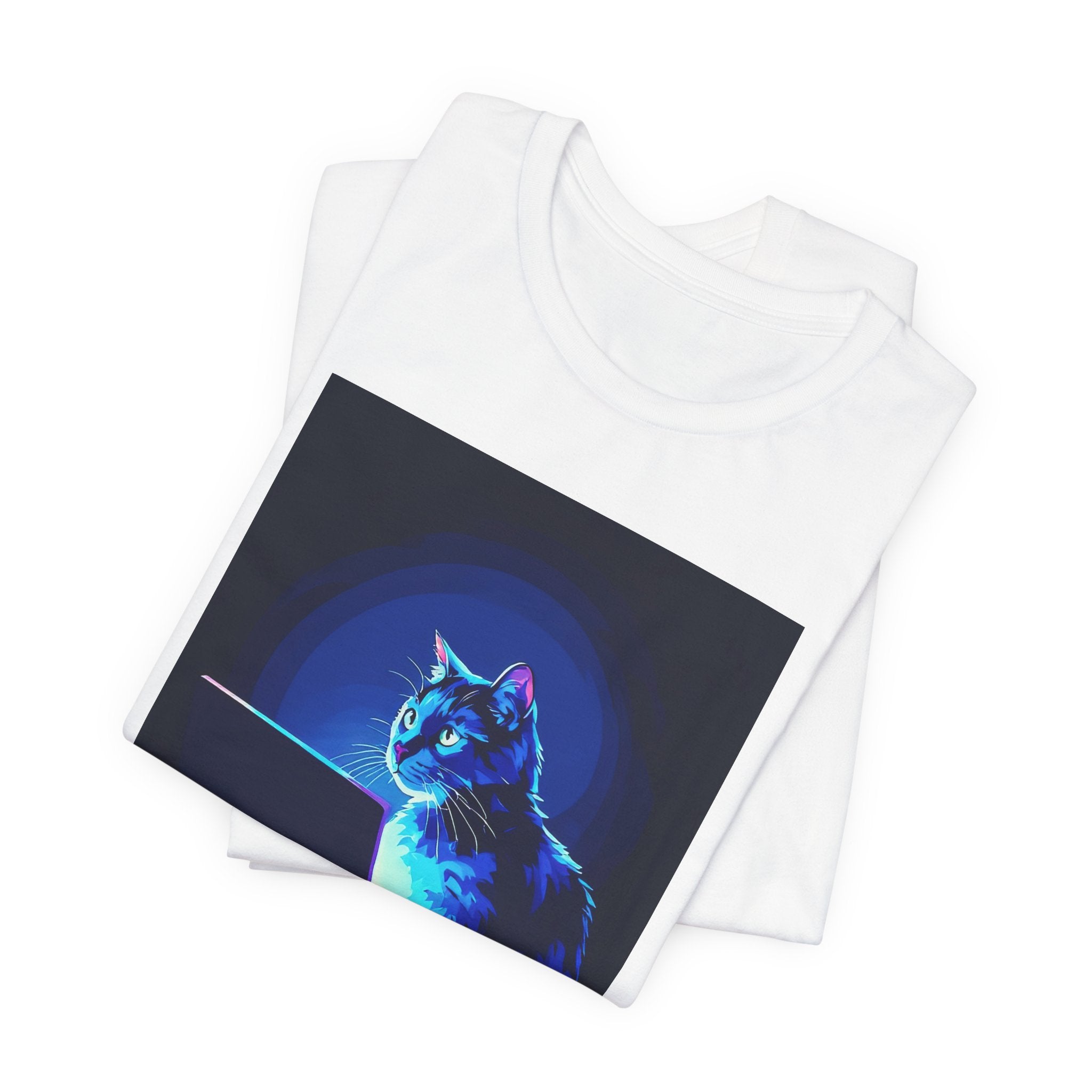 Cat at Laptop T-Shirt — Neon Cyber Cat Graphic Tee