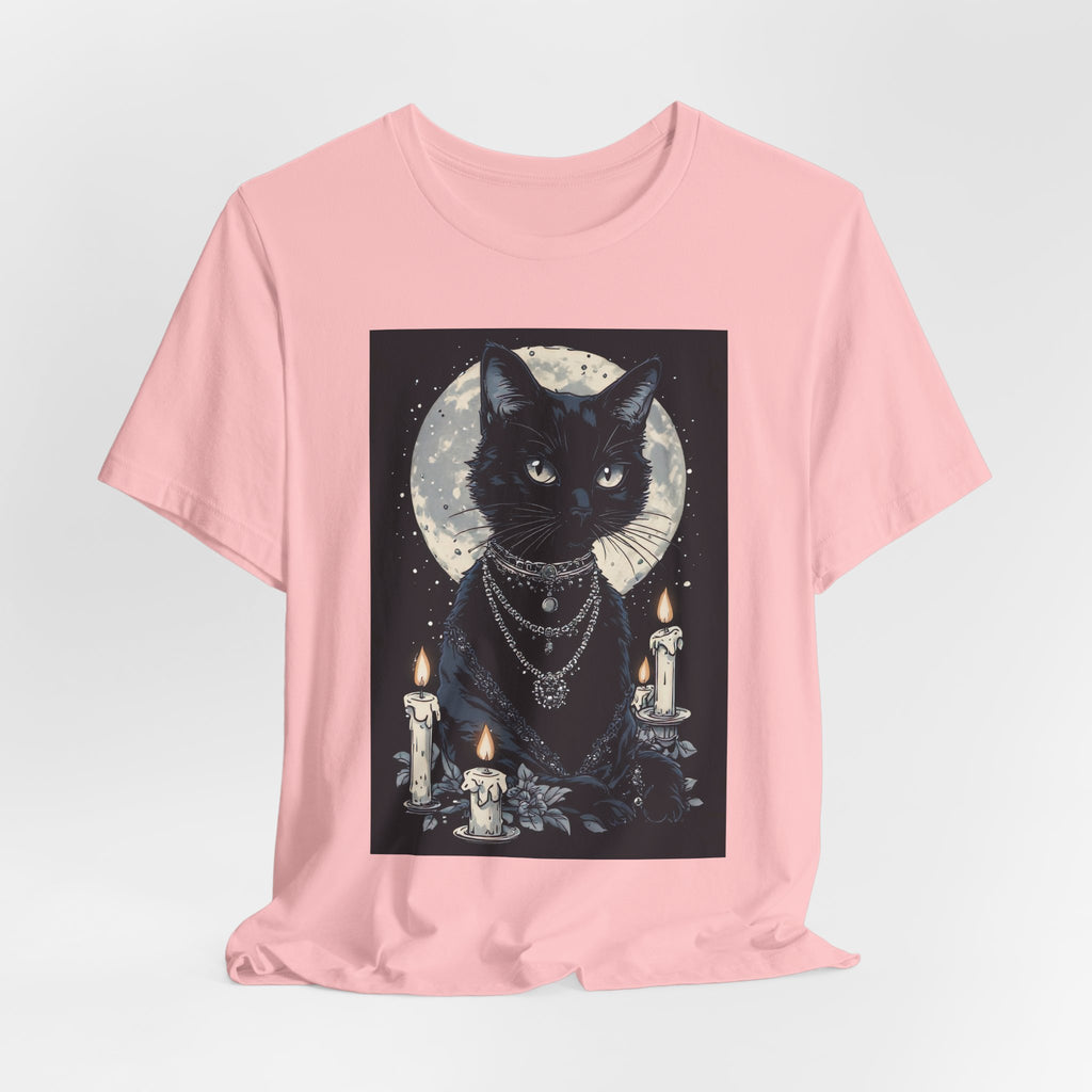 Mystic Moon Black Cat Tee — Gothic Cat T-Shirt with Candles & Crescent Moon