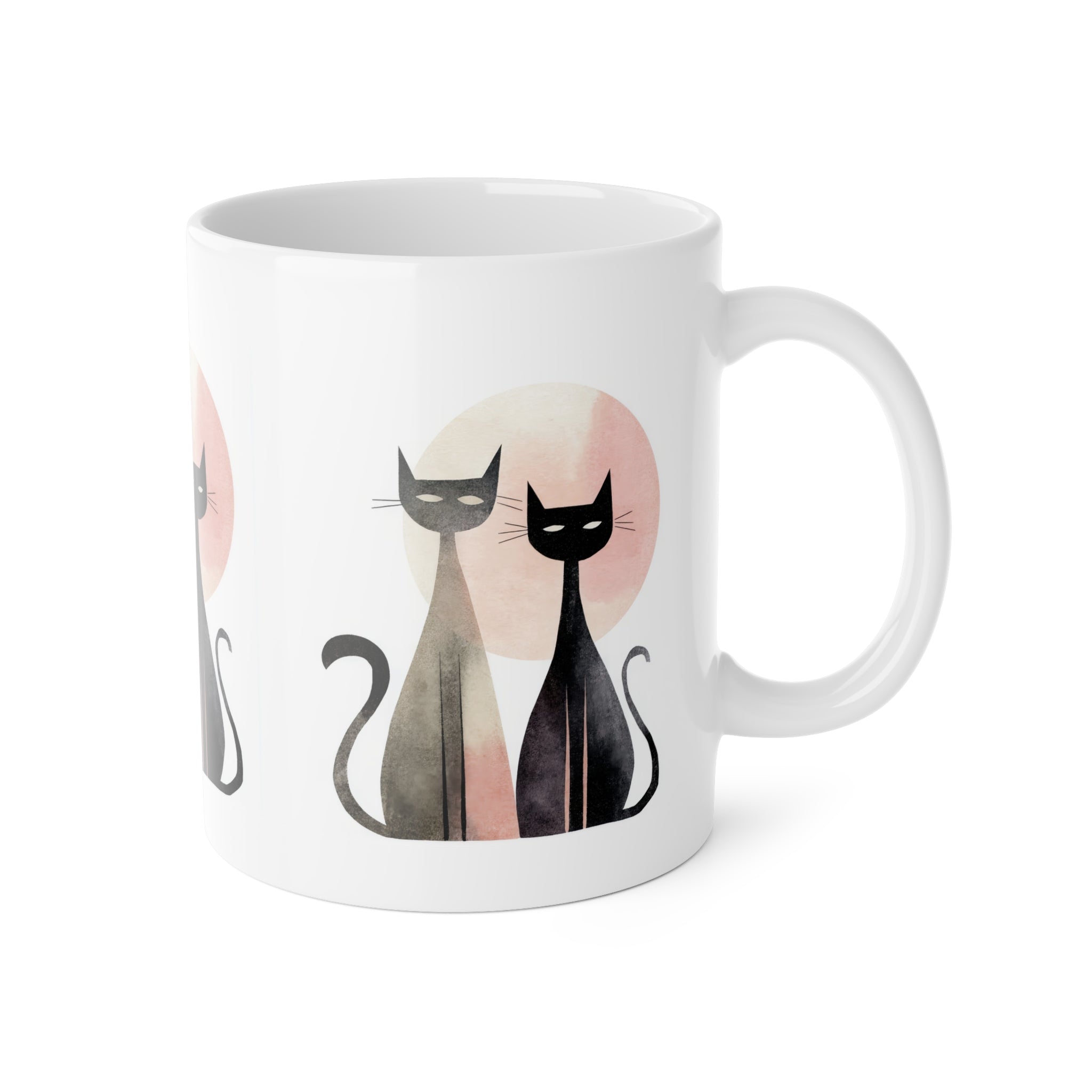 Cat Couple Ceramic Mug — Cute Black Cats with Sun Silhouette, 11oz