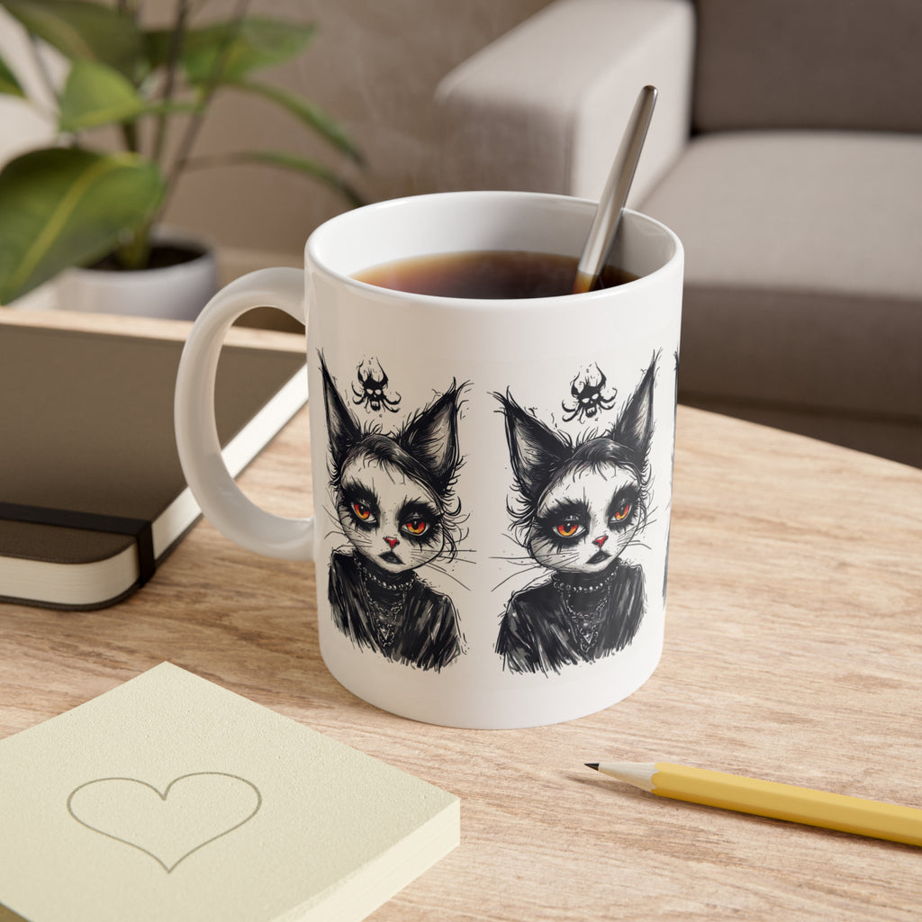 Gothic Cat Mug — Dark Witchy Kitty Illustration 11oz Ceramic