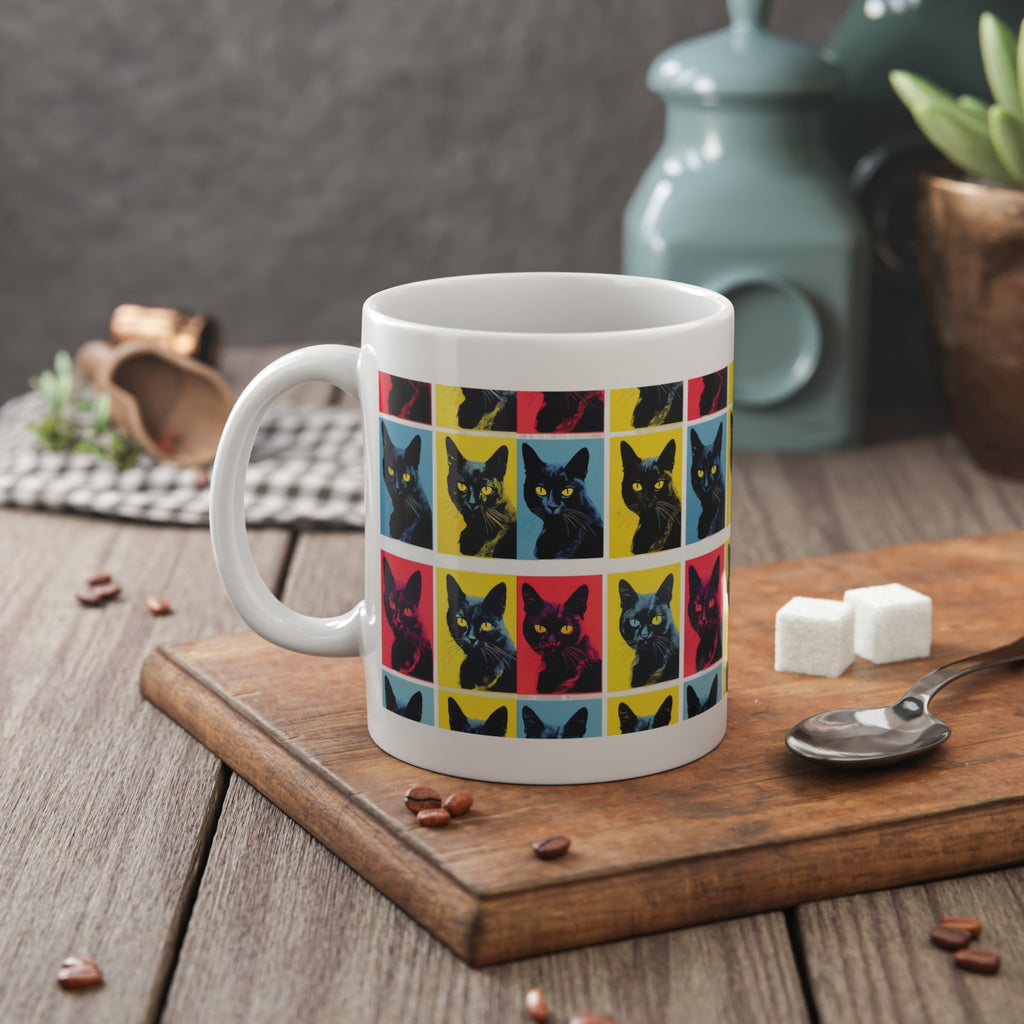 Pop Art Black Cat Mug — Colorful Retro Cat Coffee Cup, 11oz Ceramic