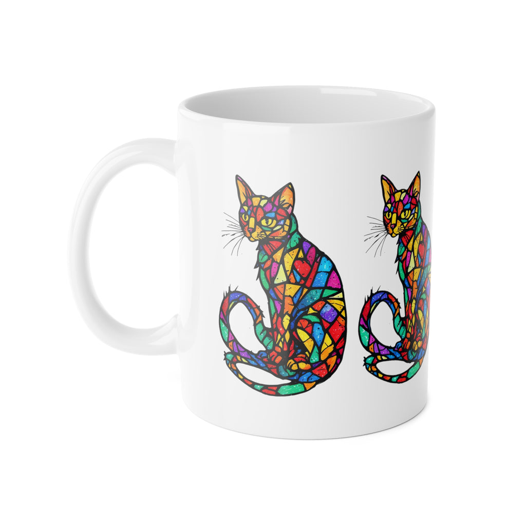 Colorful Stained-Glass Cat Mug — 11oz Ceramic Coffee Cup
