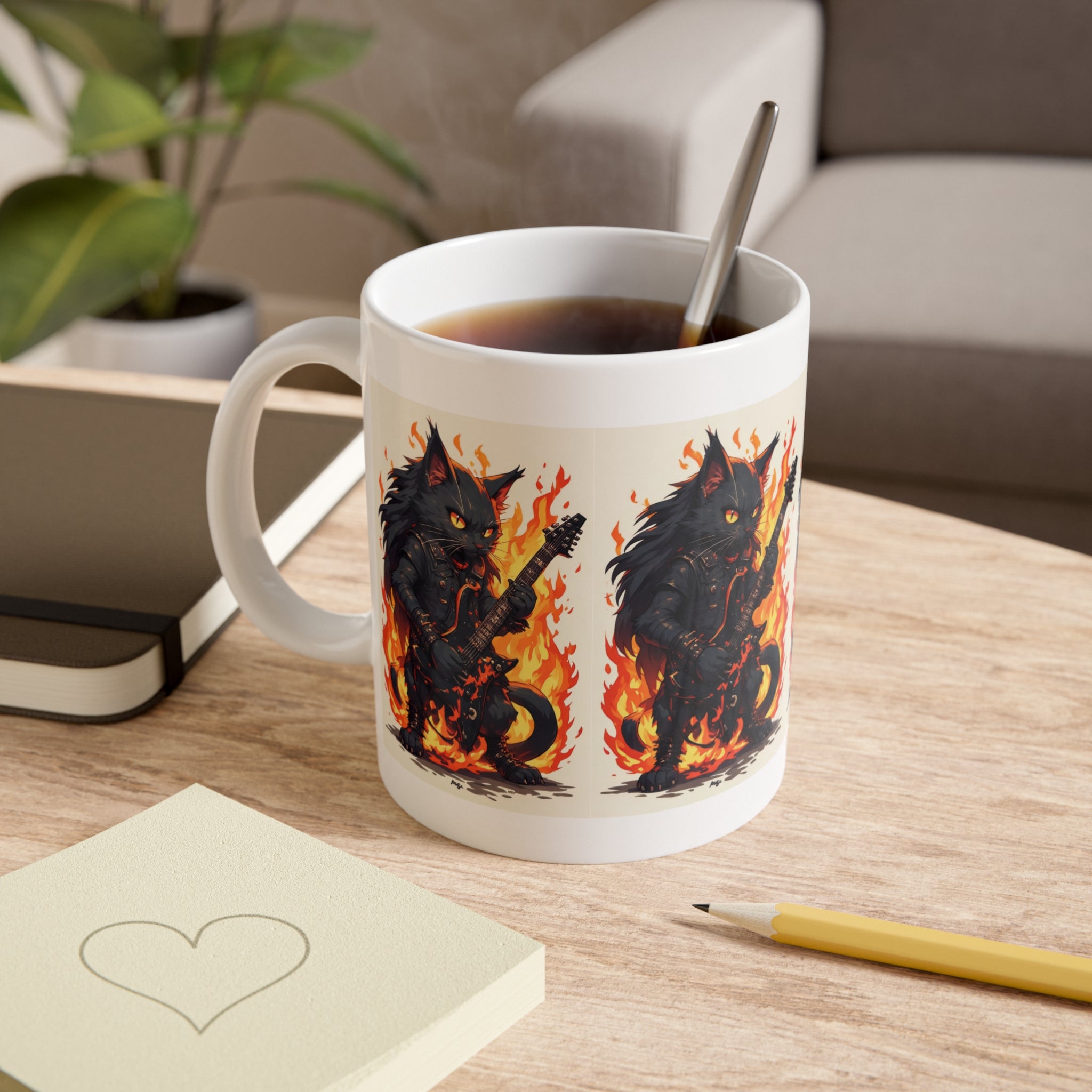 Flaming Rock Cat Mug — Black Cat Playing Electric Guitar Ceramic Coffee Cup