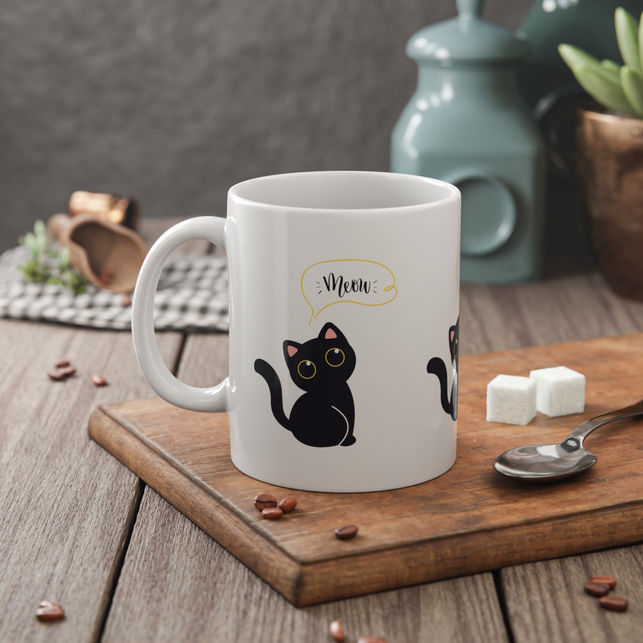 Cat Meow Mug — Cute Black Kitten Ceramic Coffee Cup, 11oz