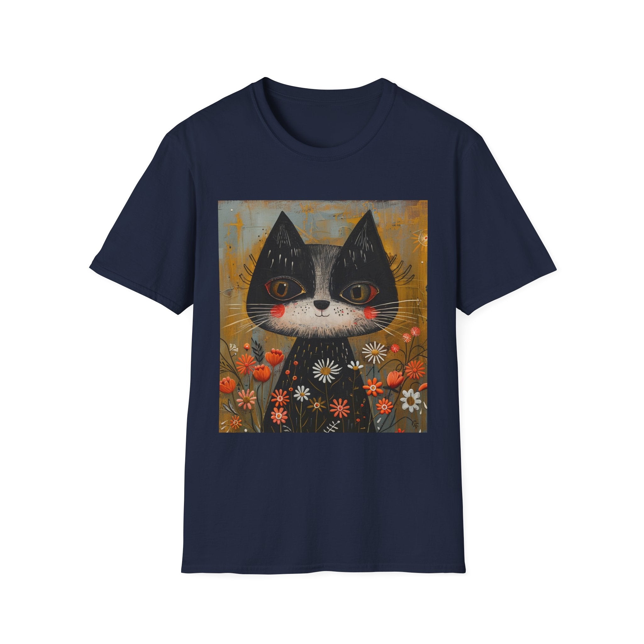 Whimsical Black & White Cat Tee — Cute Floral Portrait T-Shirt