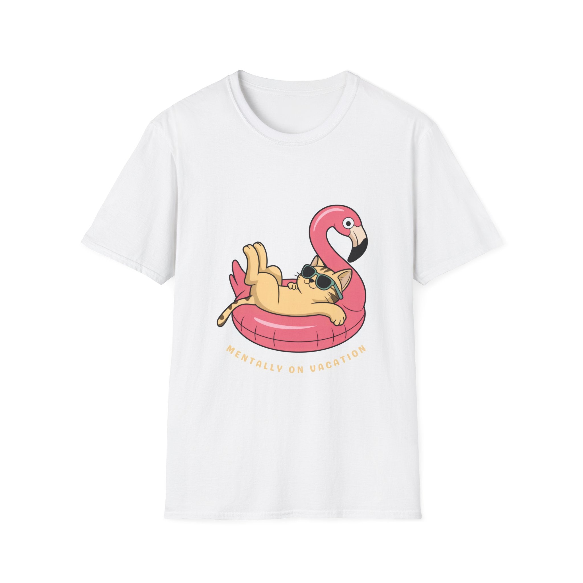 Cat on Flamingo Float T-Shirt — Cute Summer Pool Cat Graphic Tee
