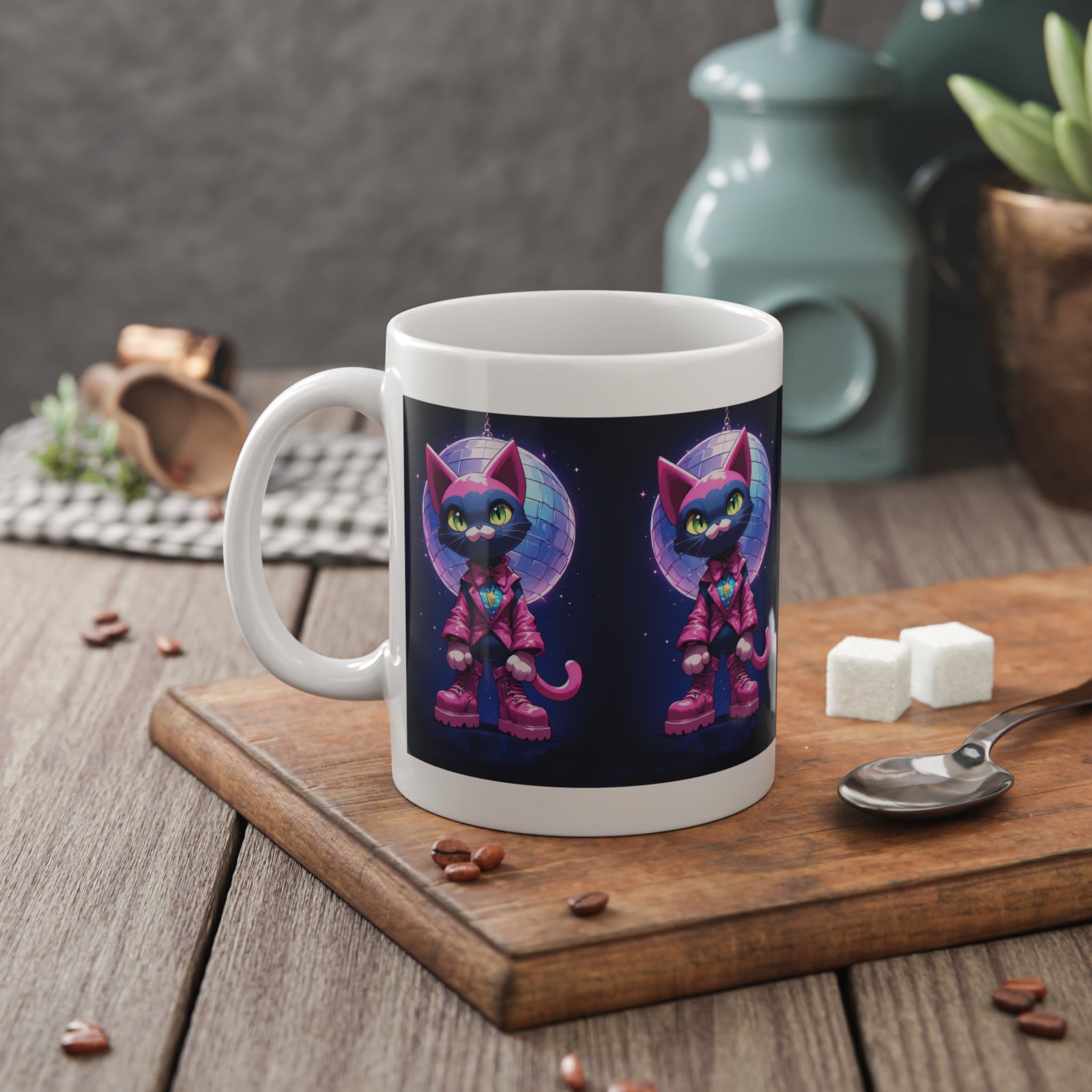 Retro Disco Cat Mug — Neon 80s Cyberpunk Coffee Cup