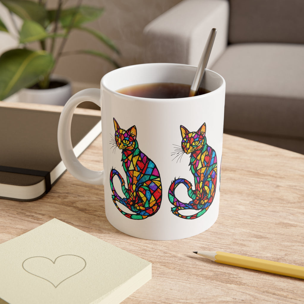 Colorful Stained-Glass Cat Mug — 11oz Ceramic Coffee Cup