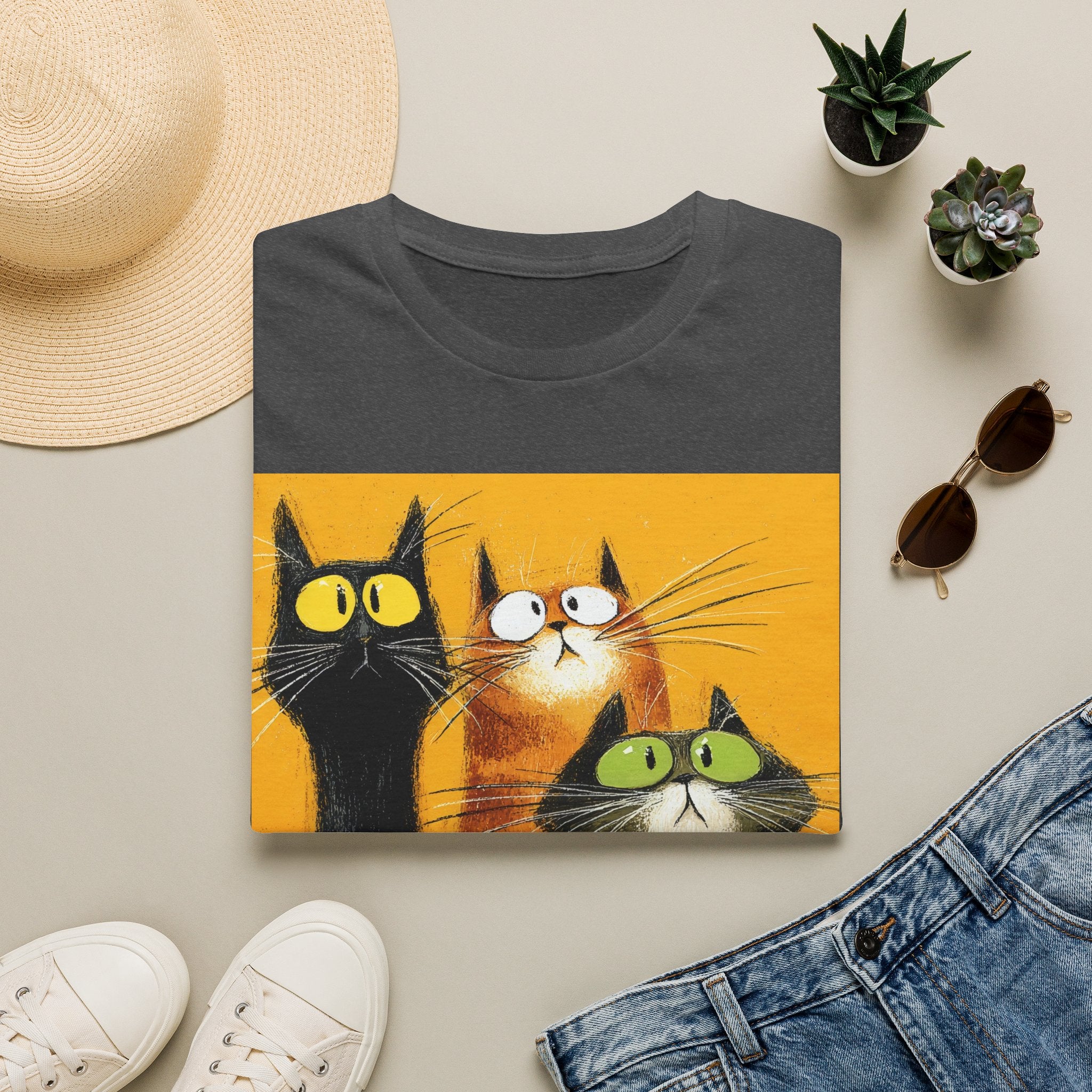 Cat Trio Graphic T-Shirt — Cute Whimsical Cats Art Tee