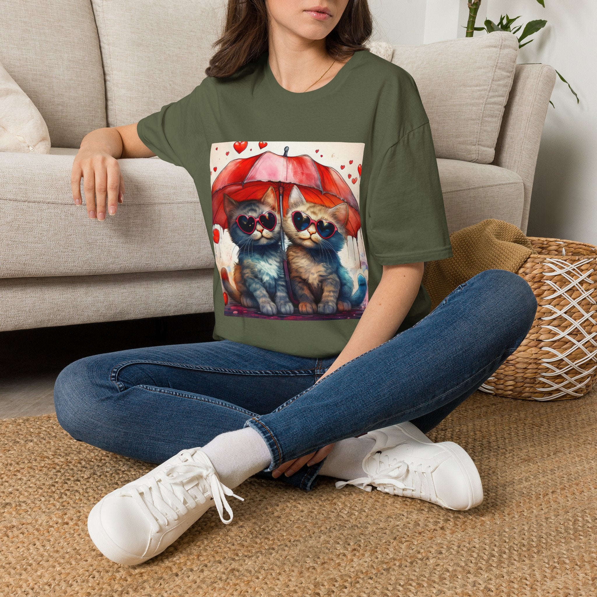 Cat Love T-Shirt — Kittens with Heart Sunglasses Under Red Umbrella