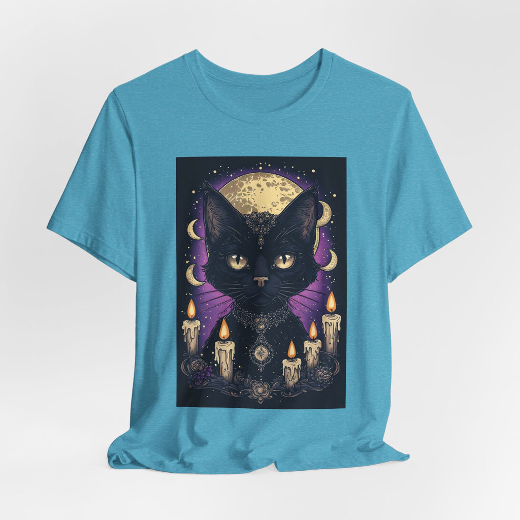 Mystic Black Cat Tee — Moon, Candles & Crescent Phases Graphic T-Shirt